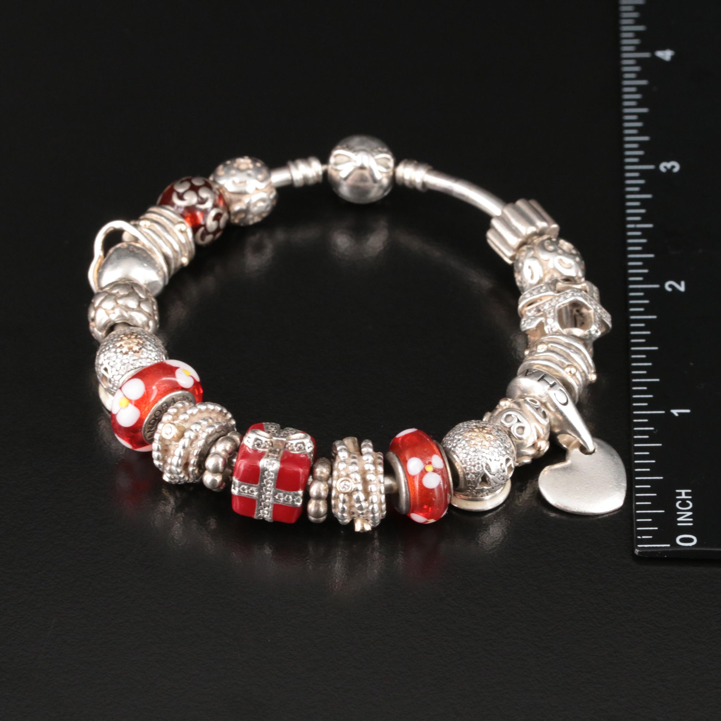 Pandora Sterling Charm Bracelet Including Chamilia Charms