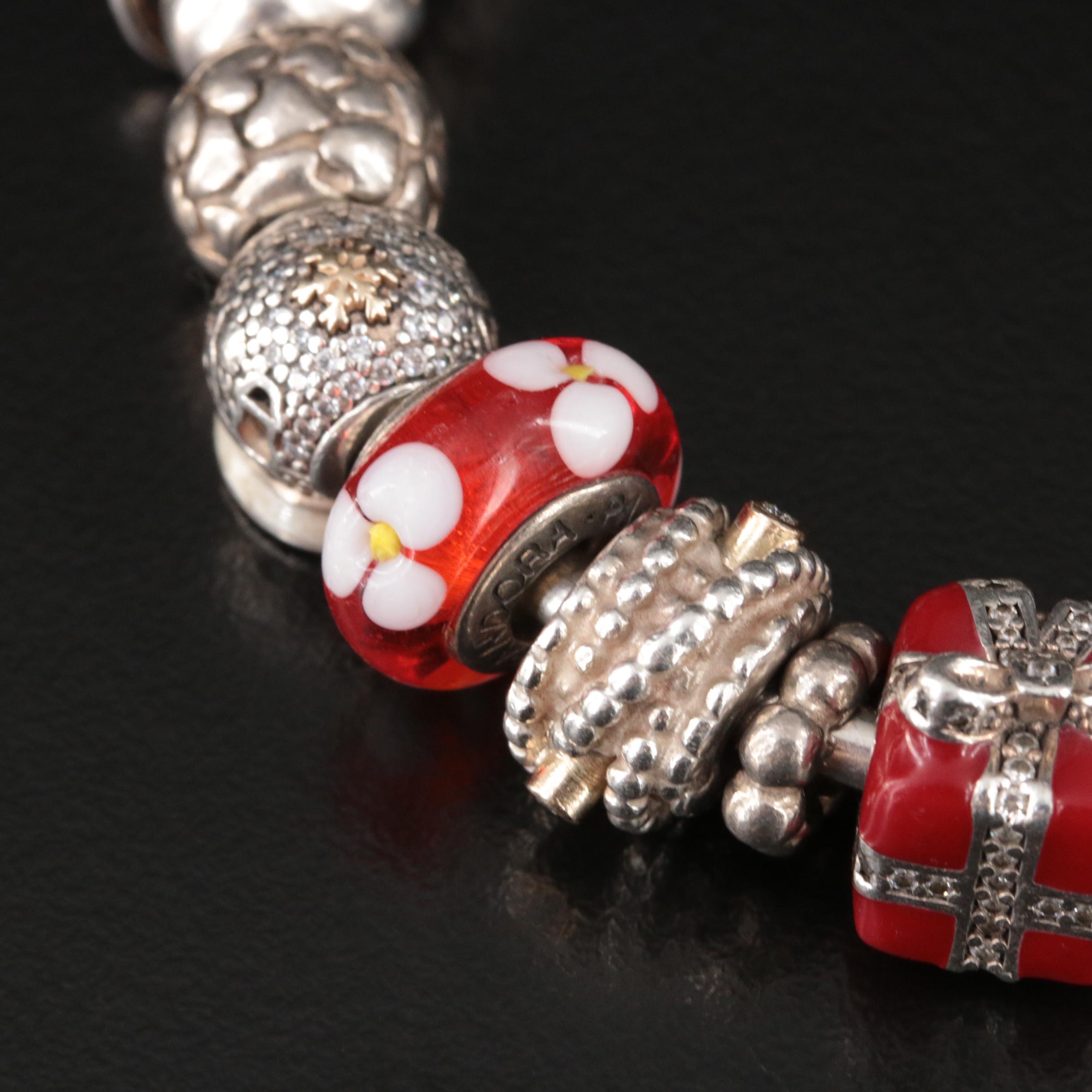 Pandora Sterling Charm Bracelet Including Chamilia Charms