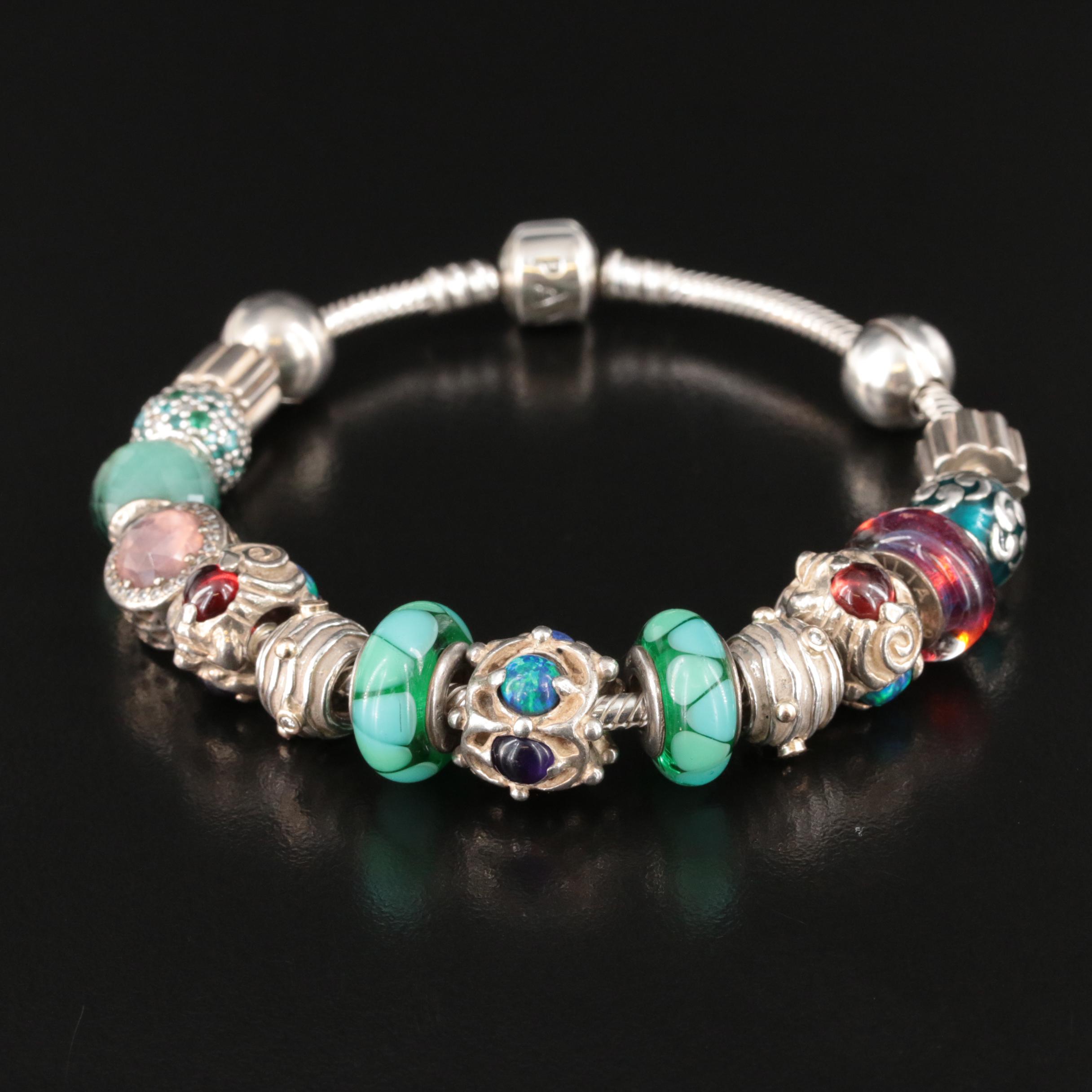 Pandora Sterling Charm Bracelet Including Chamilia Charms