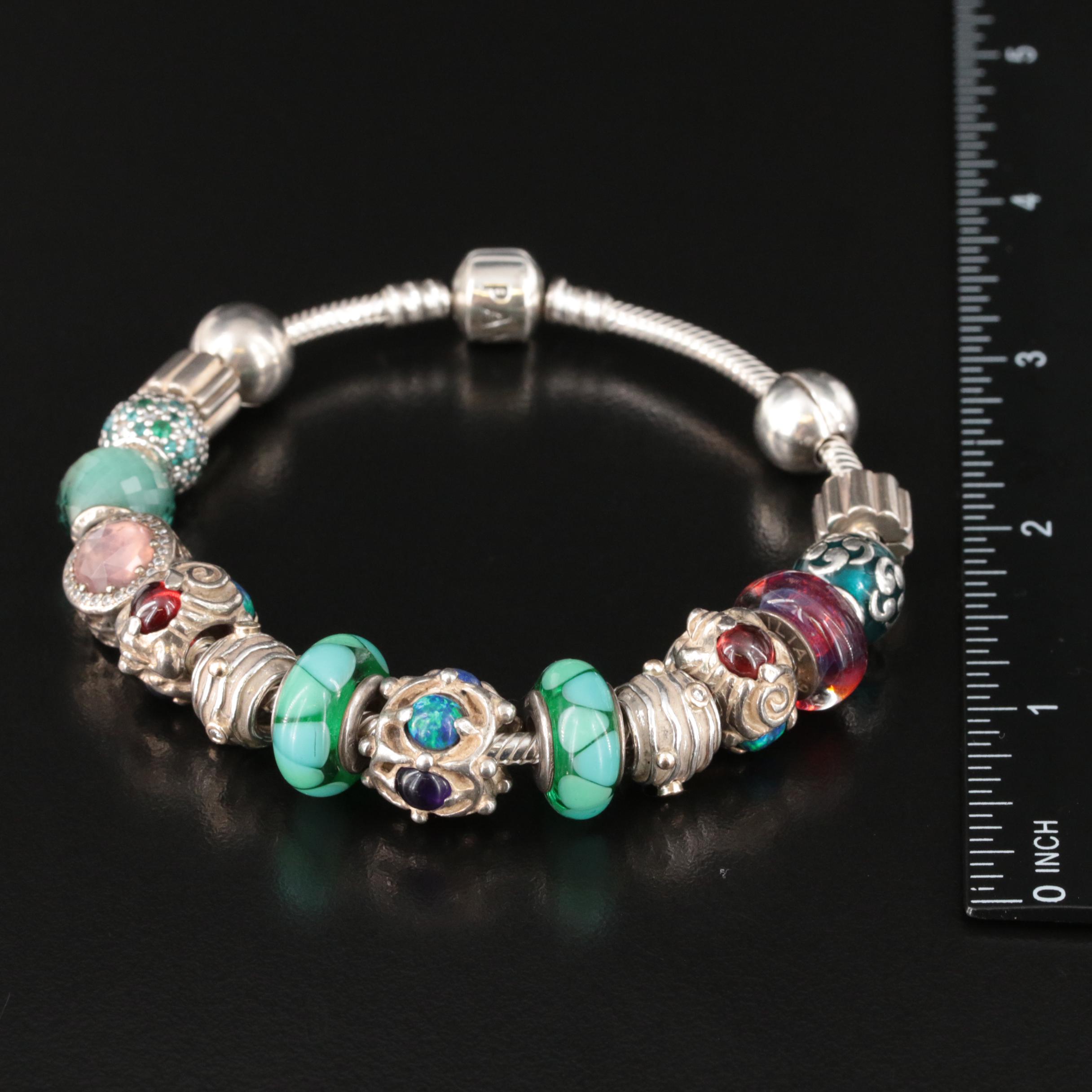 Pandora Sterling Charm Bracelet Including Chamilia Charms