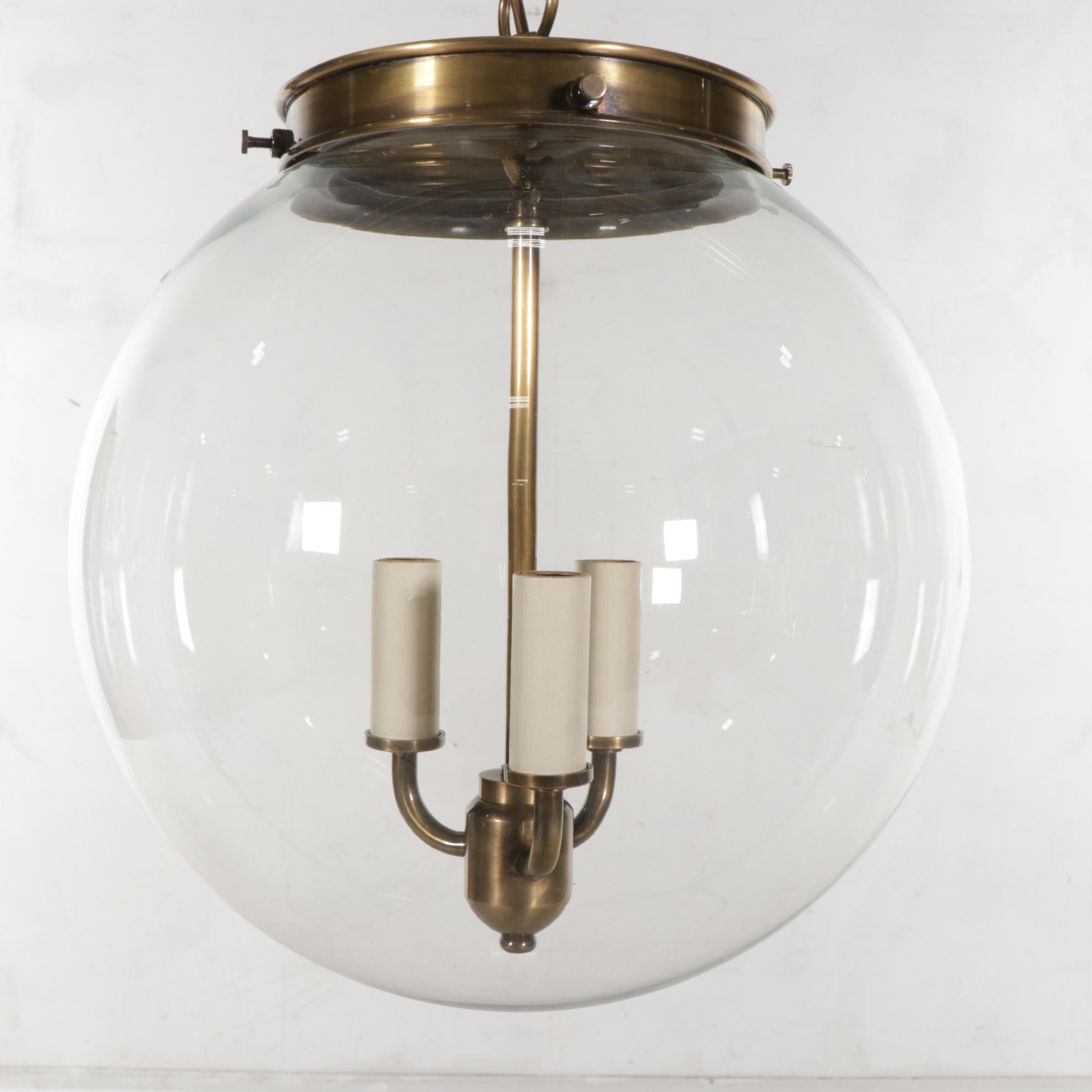 Hector Finch Antiqued Brass and Blown Glass Globe Three-Light Pendant