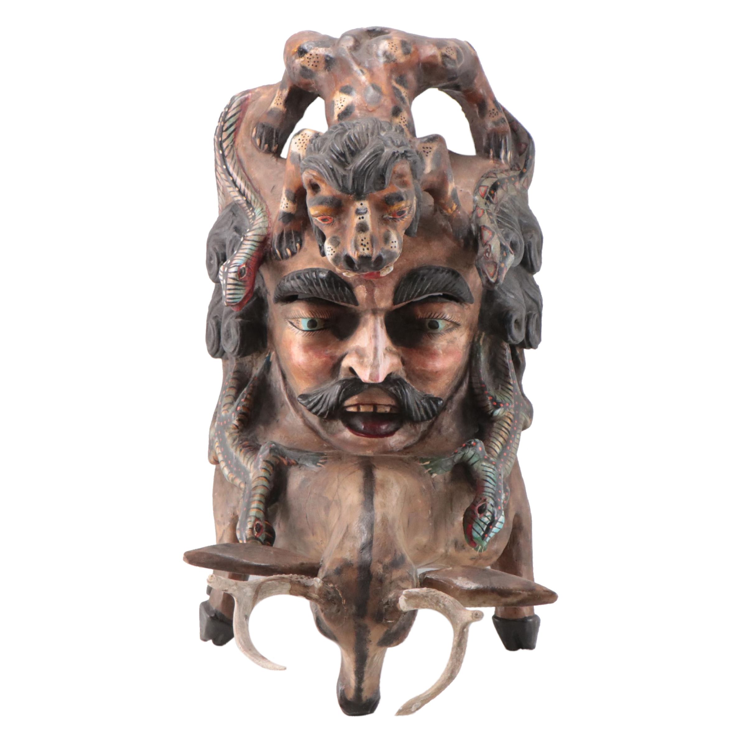 Mexican Carved Wood Portrait, Deer, and Lion Mask