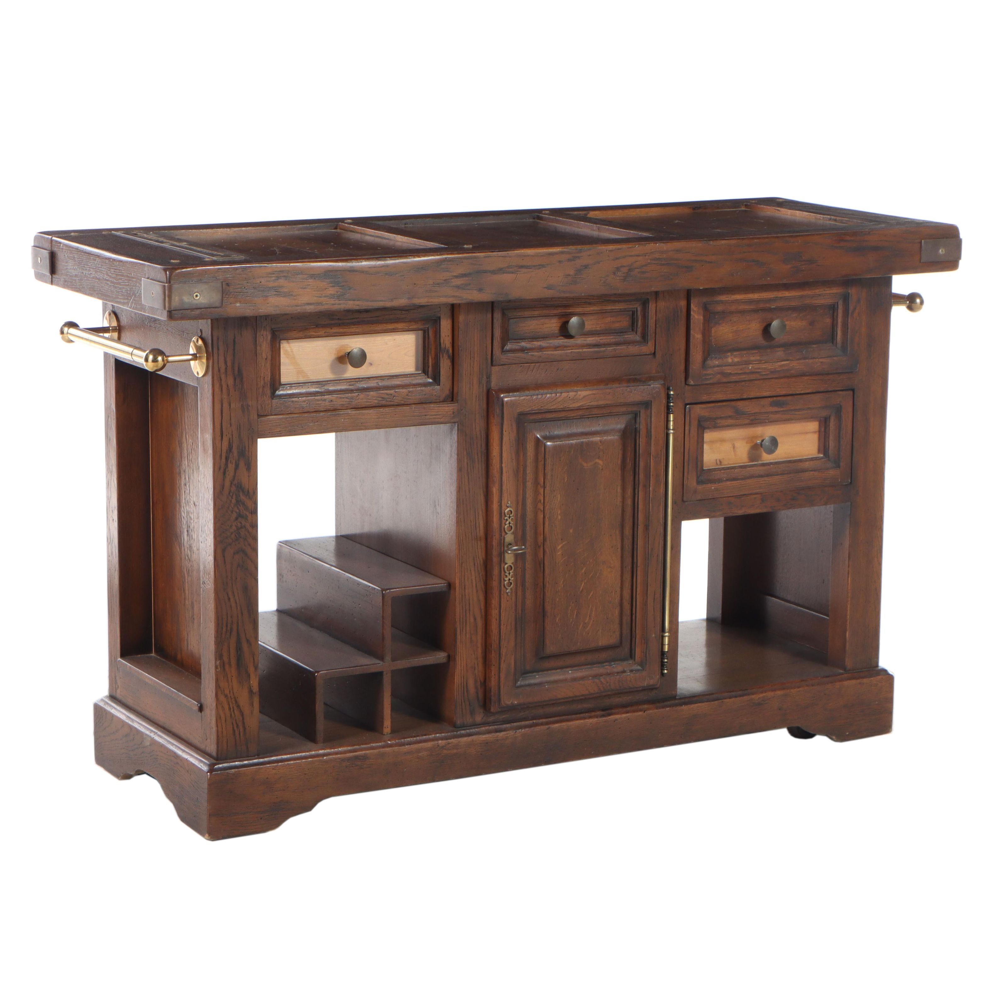 Jean Utges Brass-Mounted Oak Rolling Kitchen Island