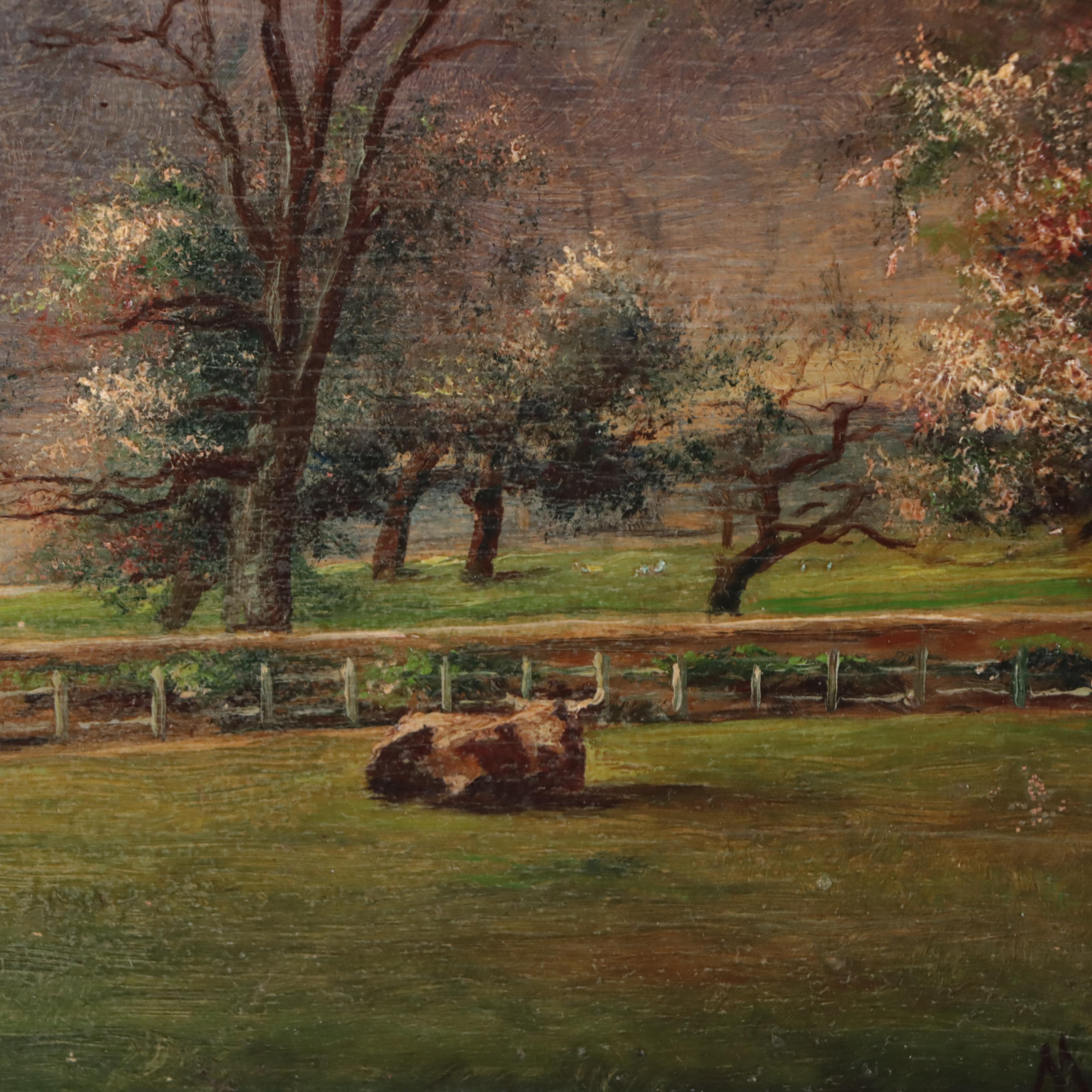 M. Durant Oil Painting of Grazing Cattle and Stormy Skies, Early 20th Century