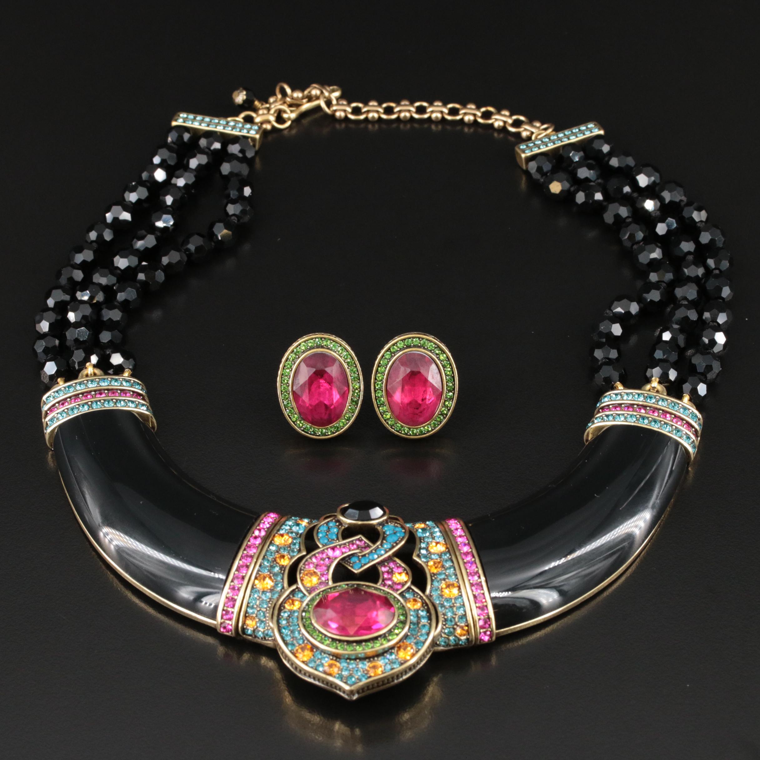 Heidi Daus Rhinestone and Enamel Bib Necklace and Earrings