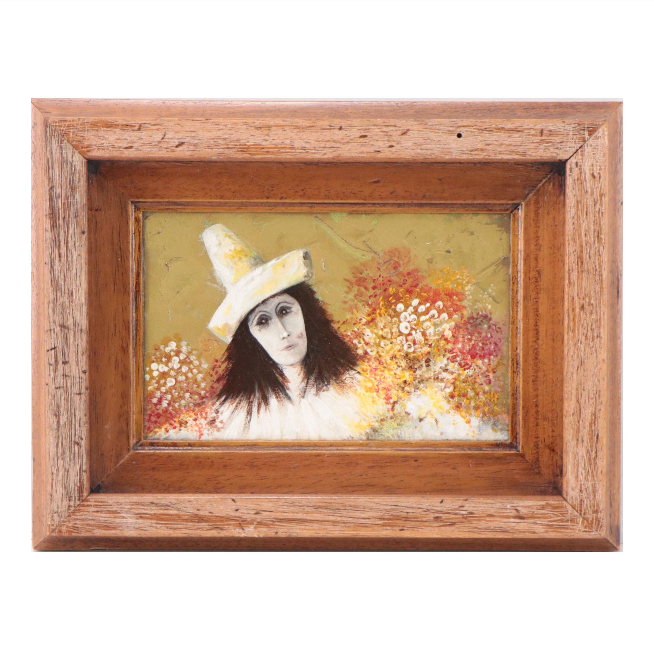 Oil Painting of Pierrot With Flowers, 1998