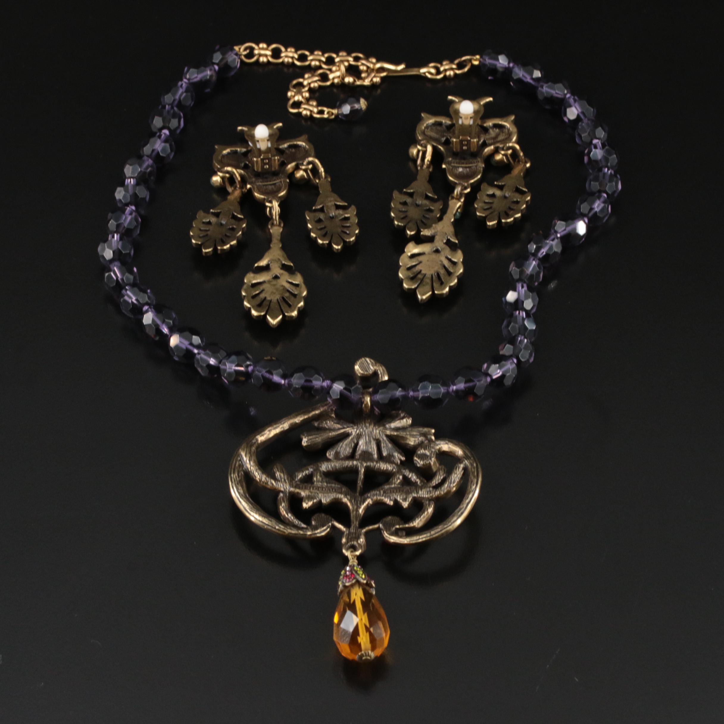 Heid Daus Carnelian and Rhinestone Necklace and Earrings