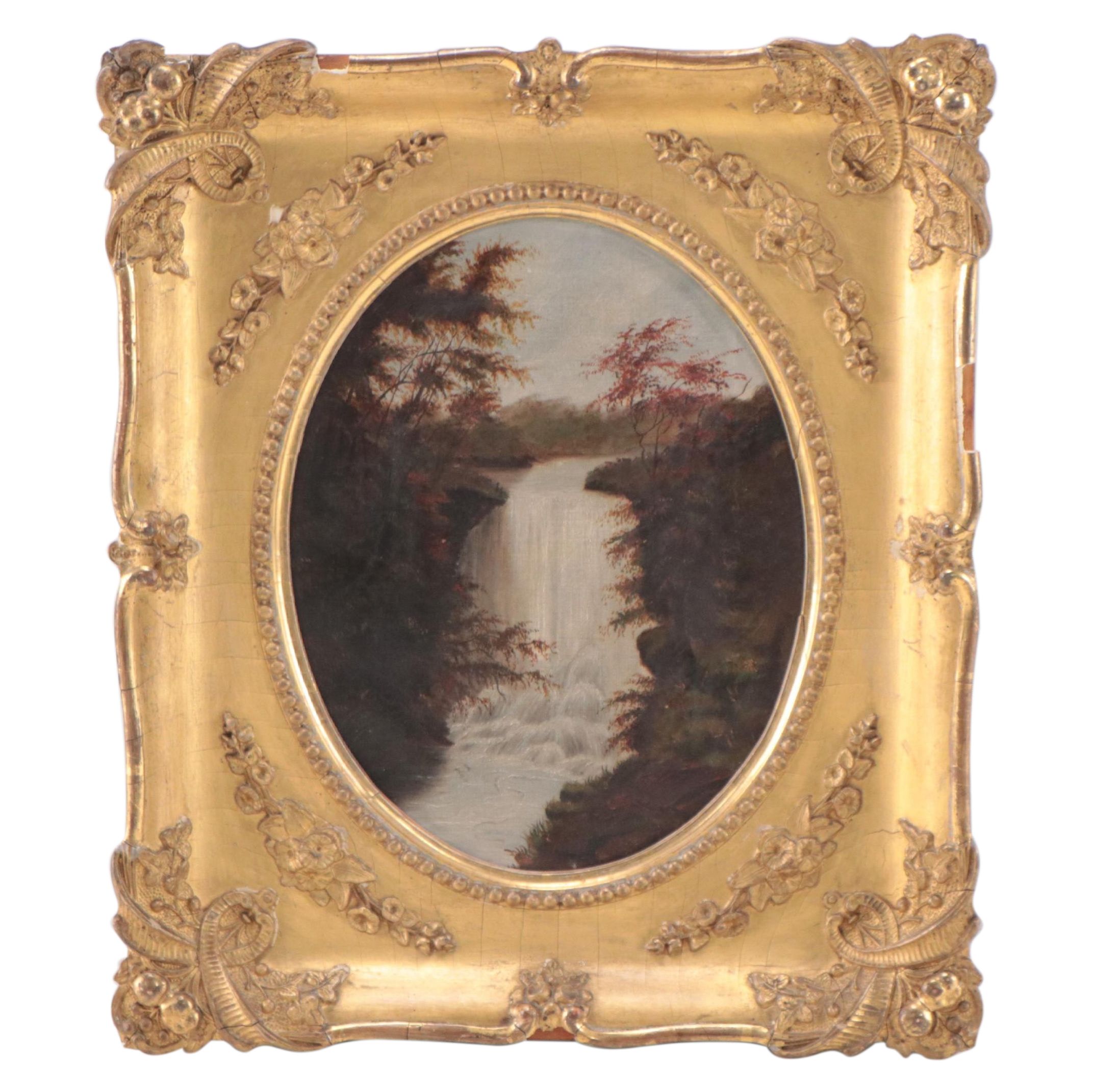 Waterfall Landscape Oil Painting, 19th Century