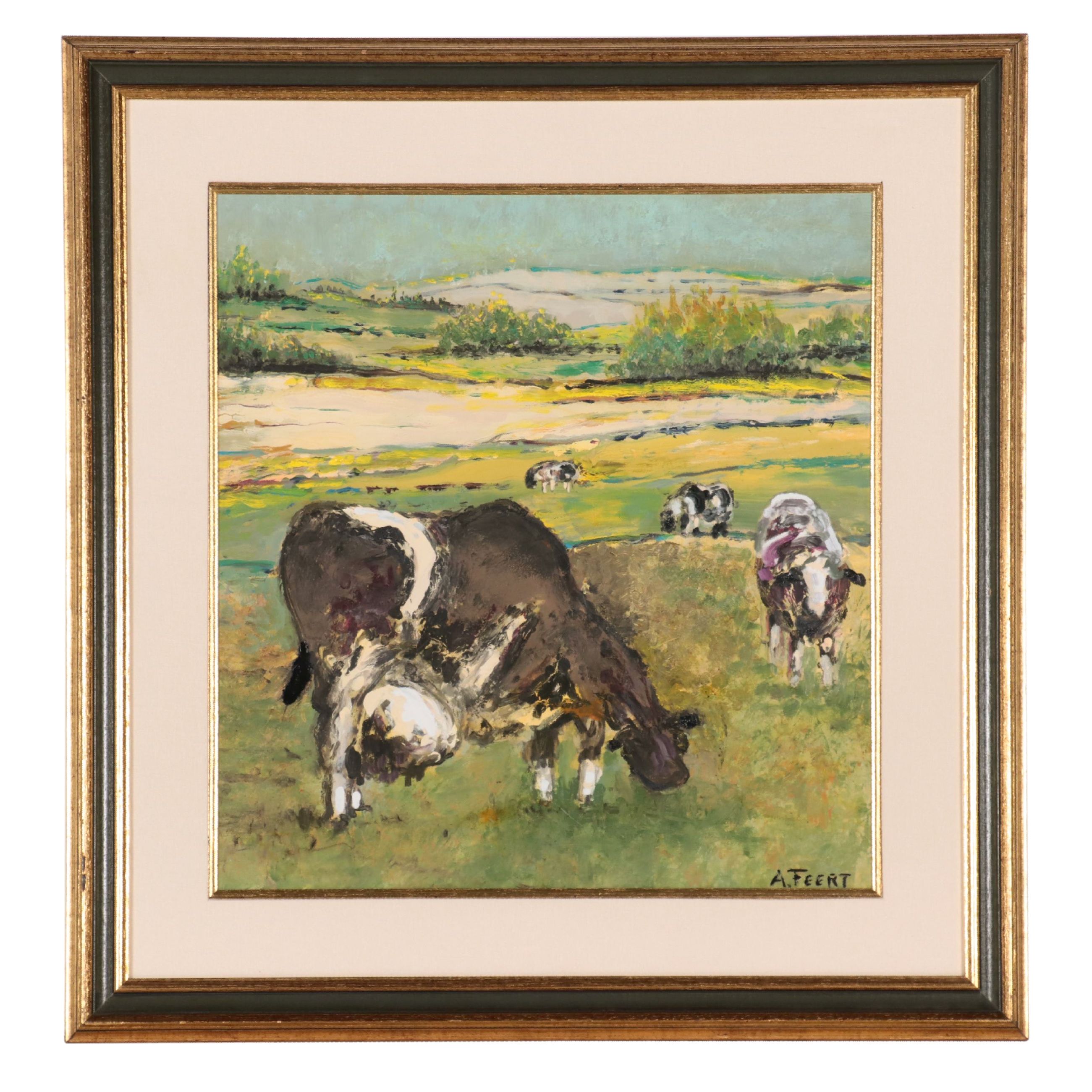 A. Feert Oil Painting of Cows In Field