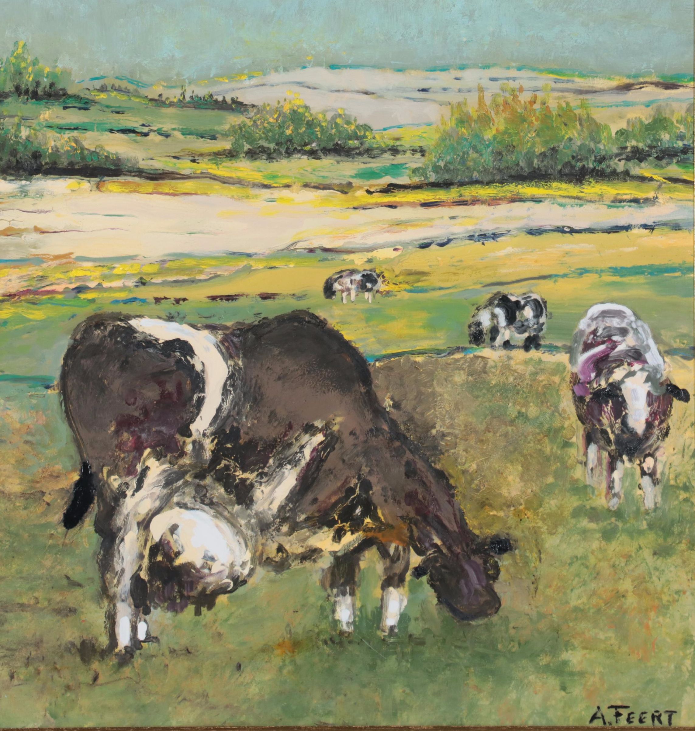 A. Feert Oil Painting of Cows In Field