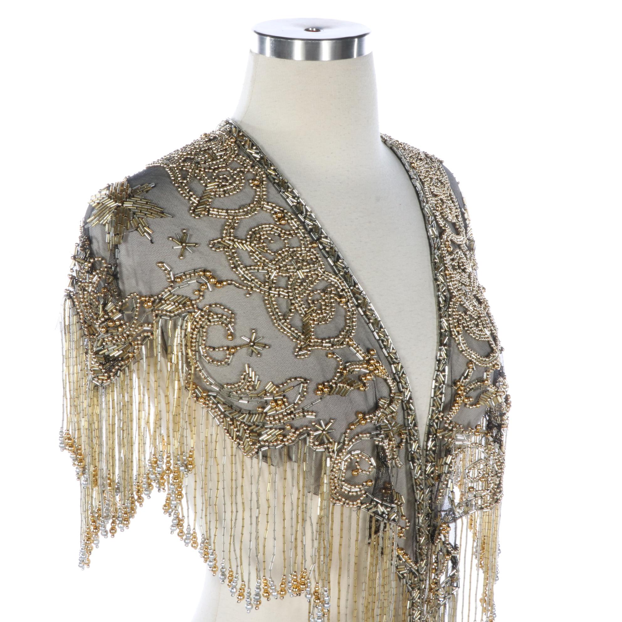 Sharmark Las Vegas "Celestial Stars" Beaded Fringe Nylon Mesh Scarf Shrug