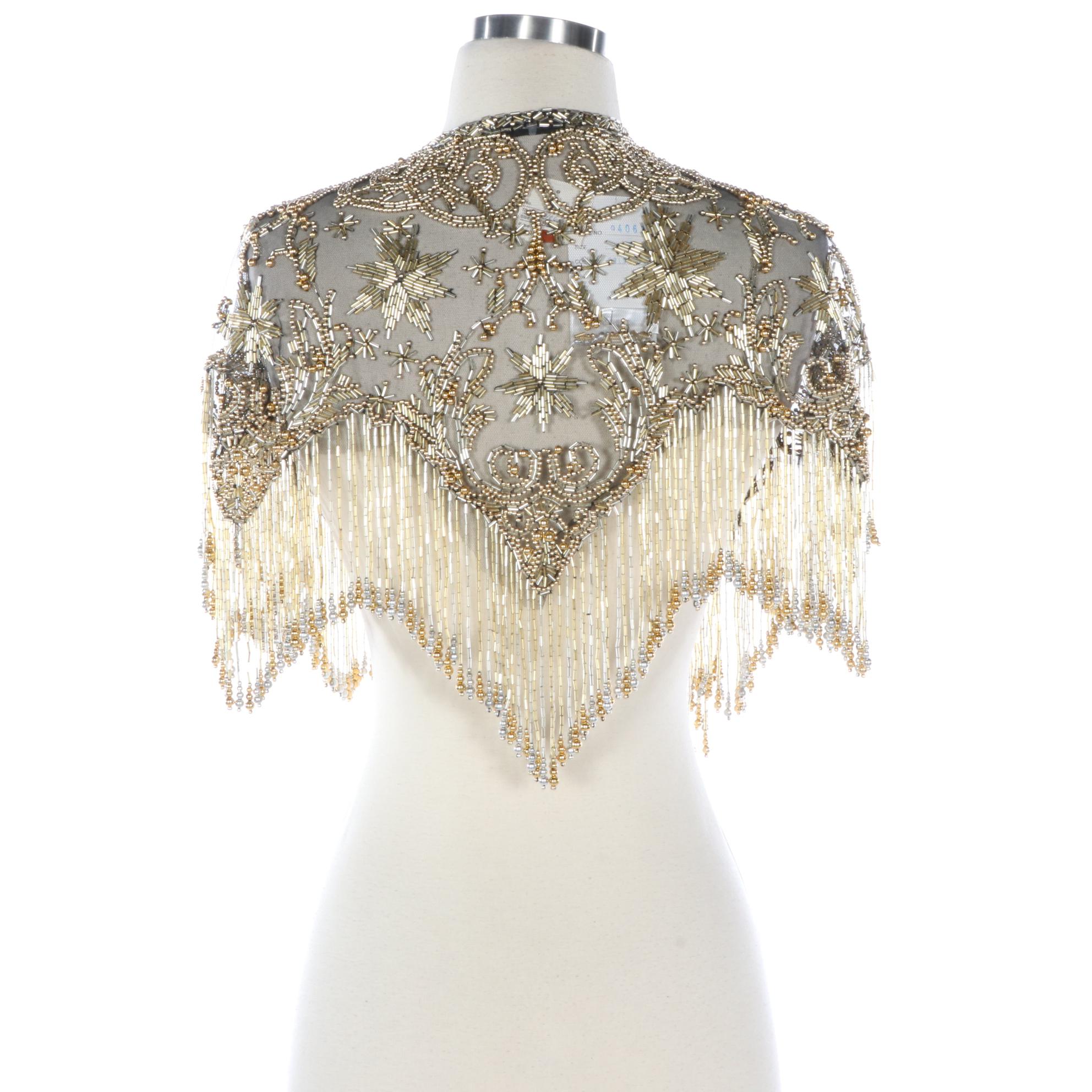 Sharmark Las Vegas "Celestial Stars" Beaded Fringe Nylon Mesh Scarf Shrug
