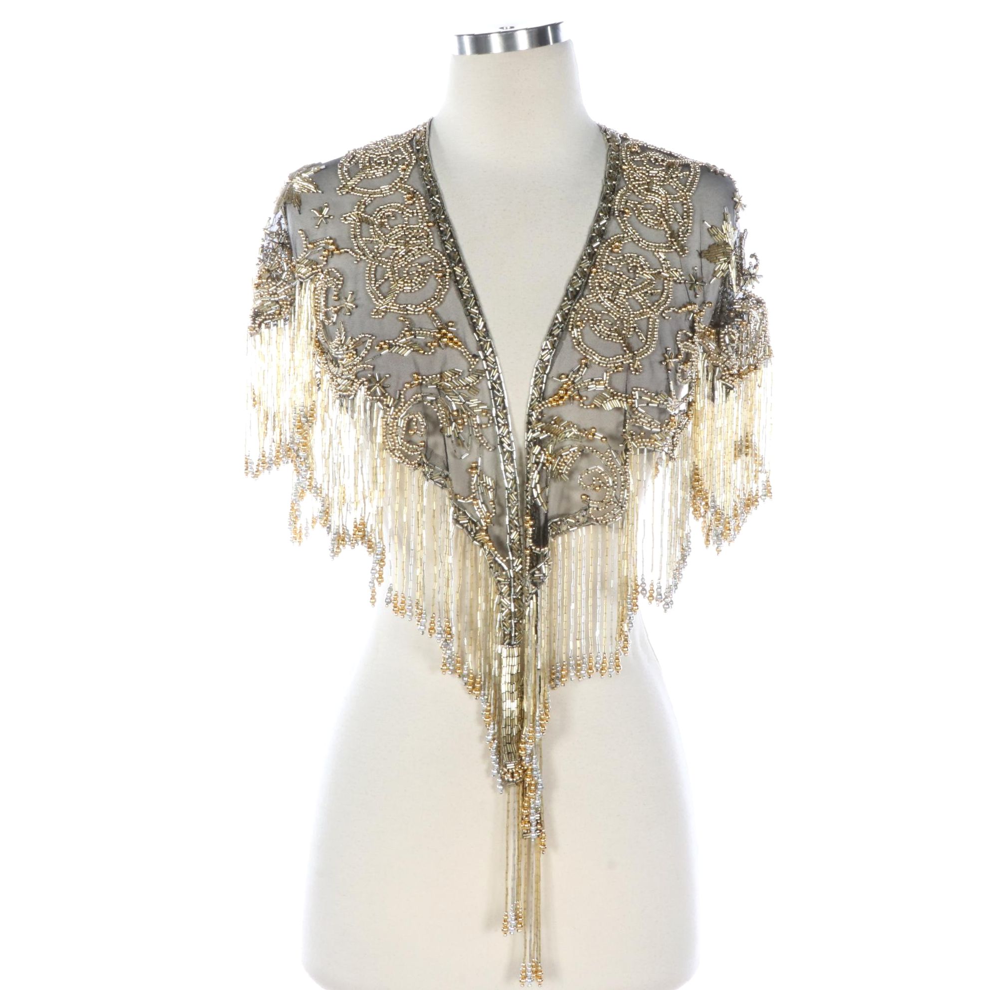 Sharmark Las Vegas "Celestial Stars" Beaded Fringe Nylon Mesh Scarf Shrug