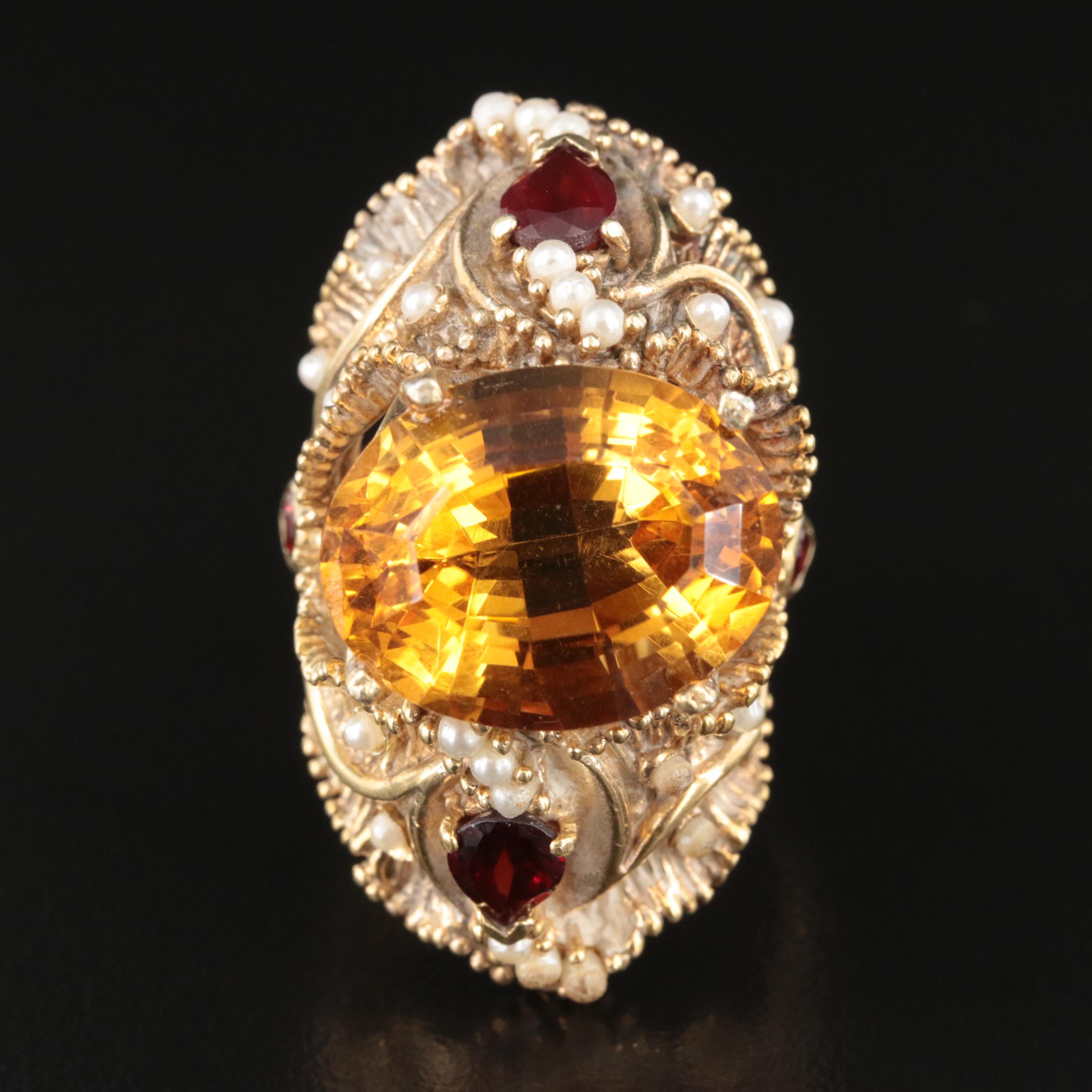 Sterling Citrine, Garnet and Faux Pearl Ring with GIA Report