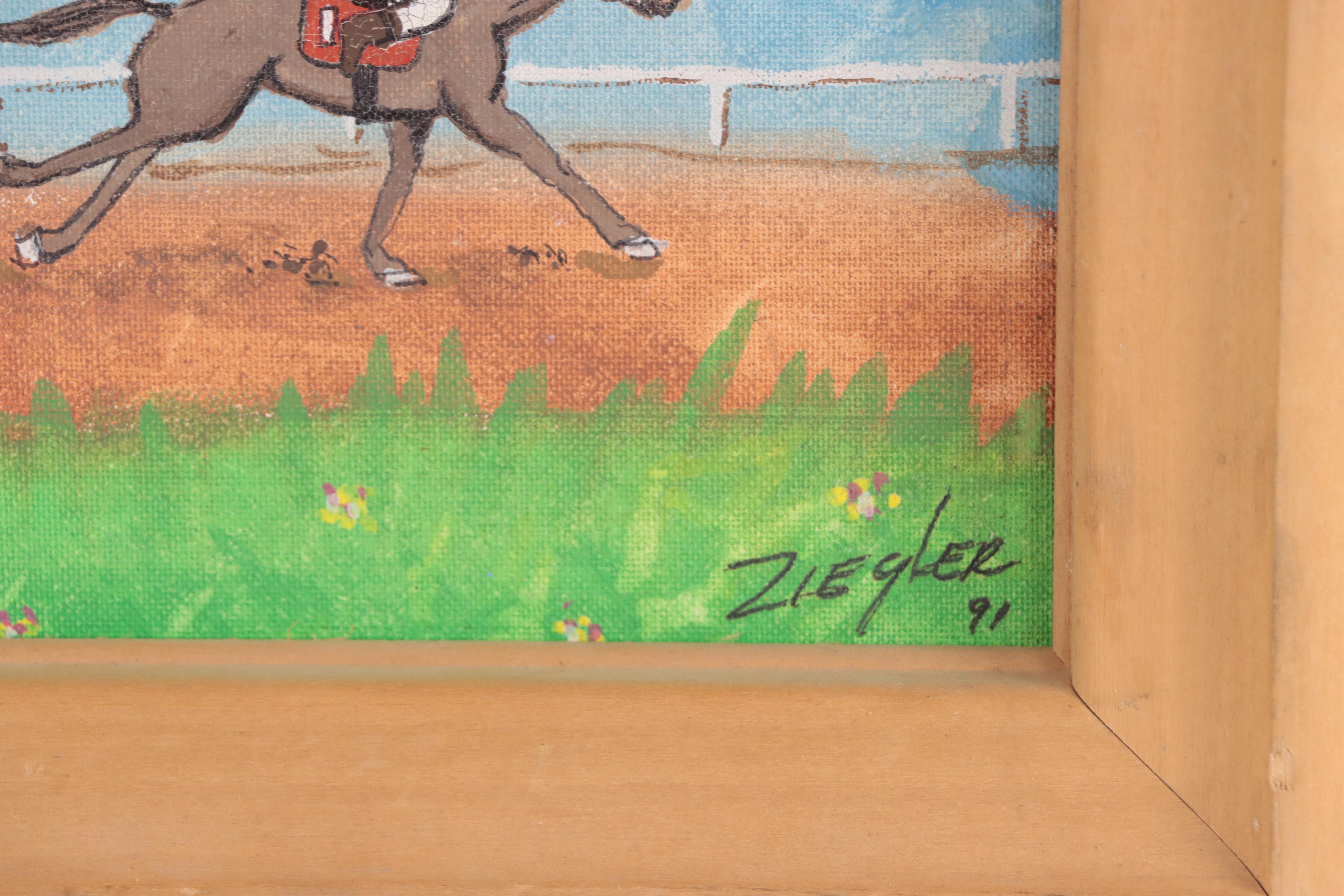 Ziegler Acrylic Painting of Horse Race, 1991