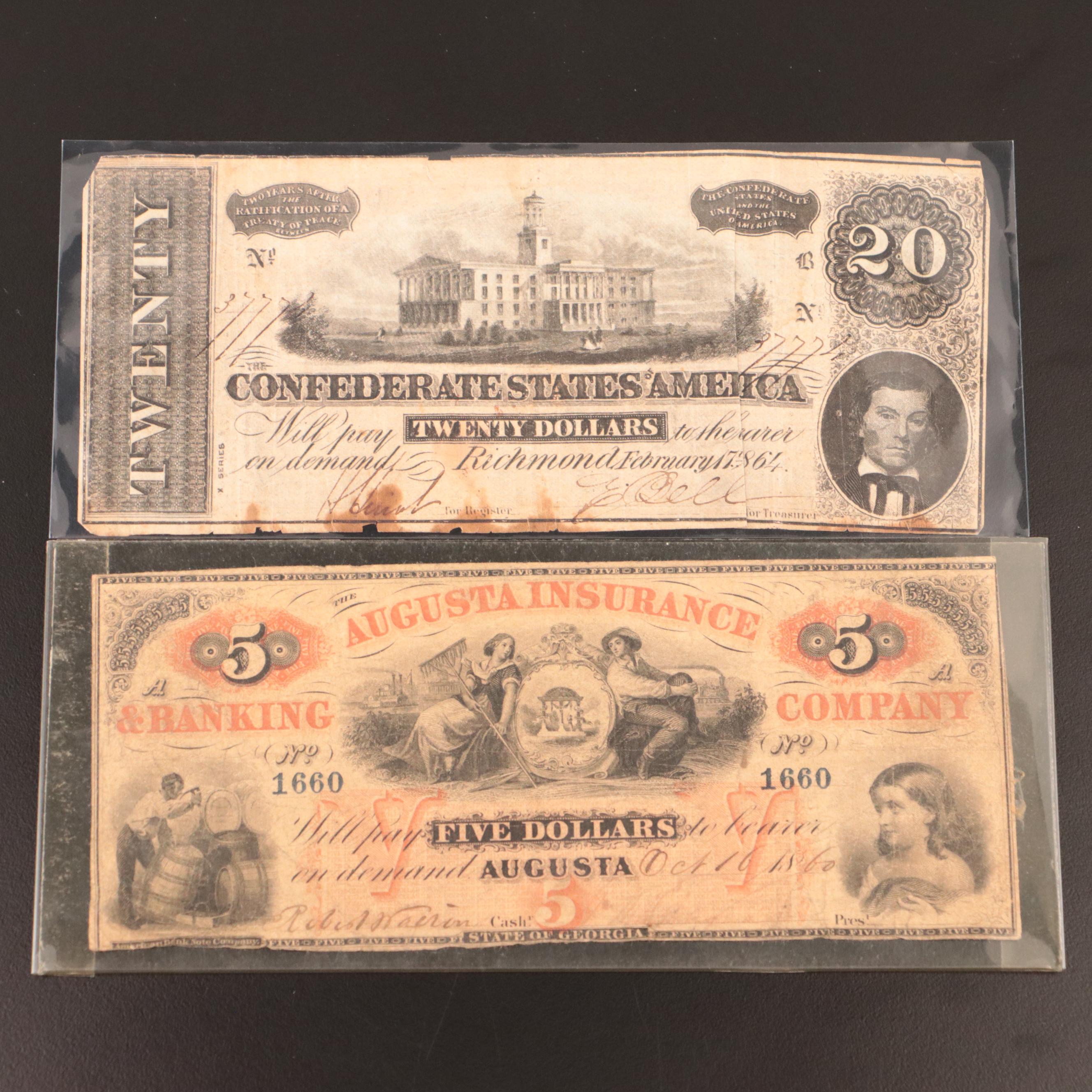 Group of Four Confederate and Obsolete Bank Notes