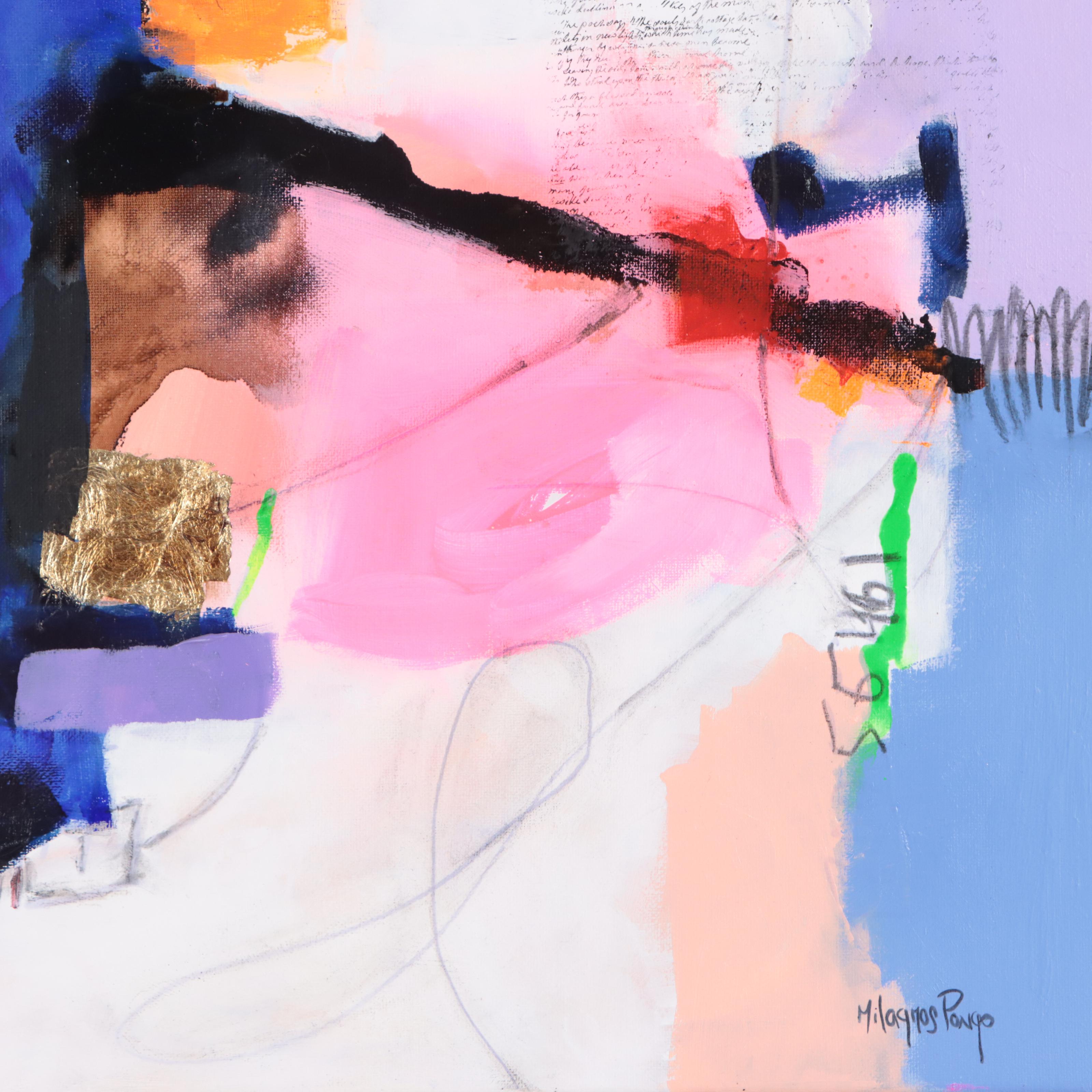 Milagros Pongo Mixed Media Painting "Last Quarter Moon," 21st Century