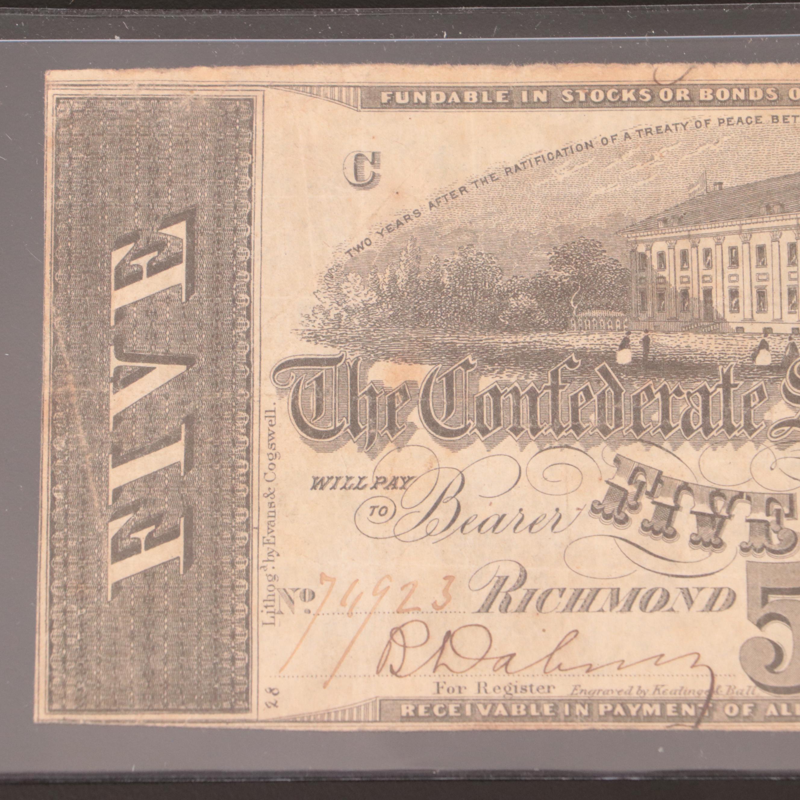 1863 Confederate States of America (CSA) $5 Banknote