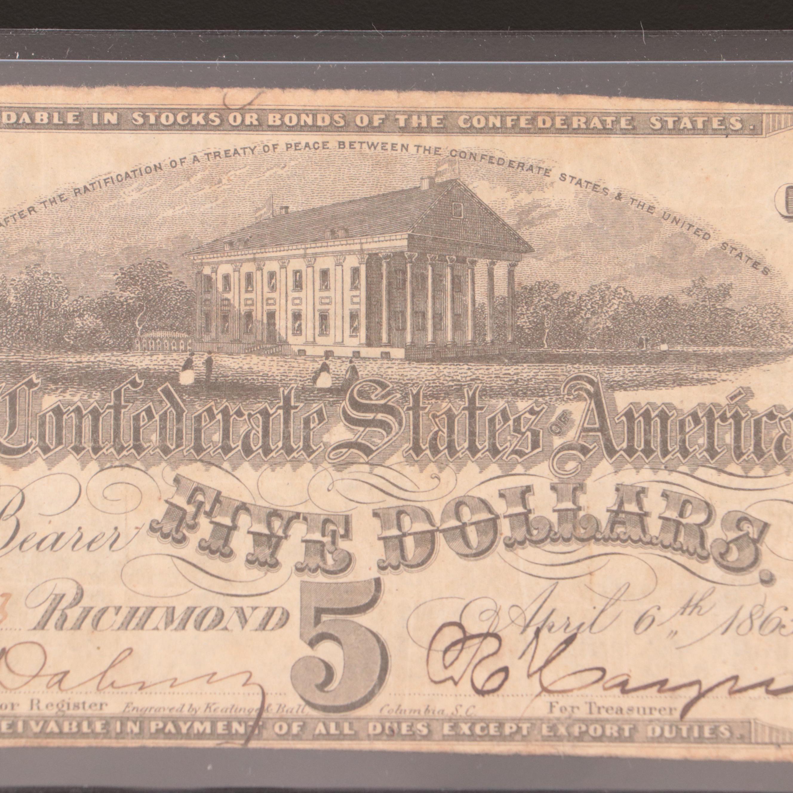 1863 Confederate States of America (CSA) $5 Banknote