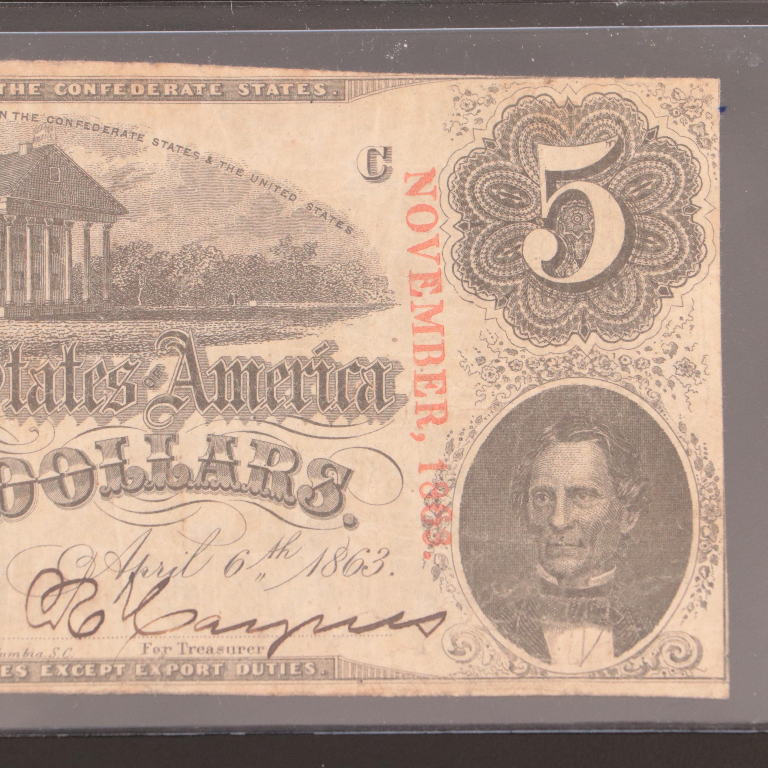 1863 Confederate States of America (CSA) $5 Banknote