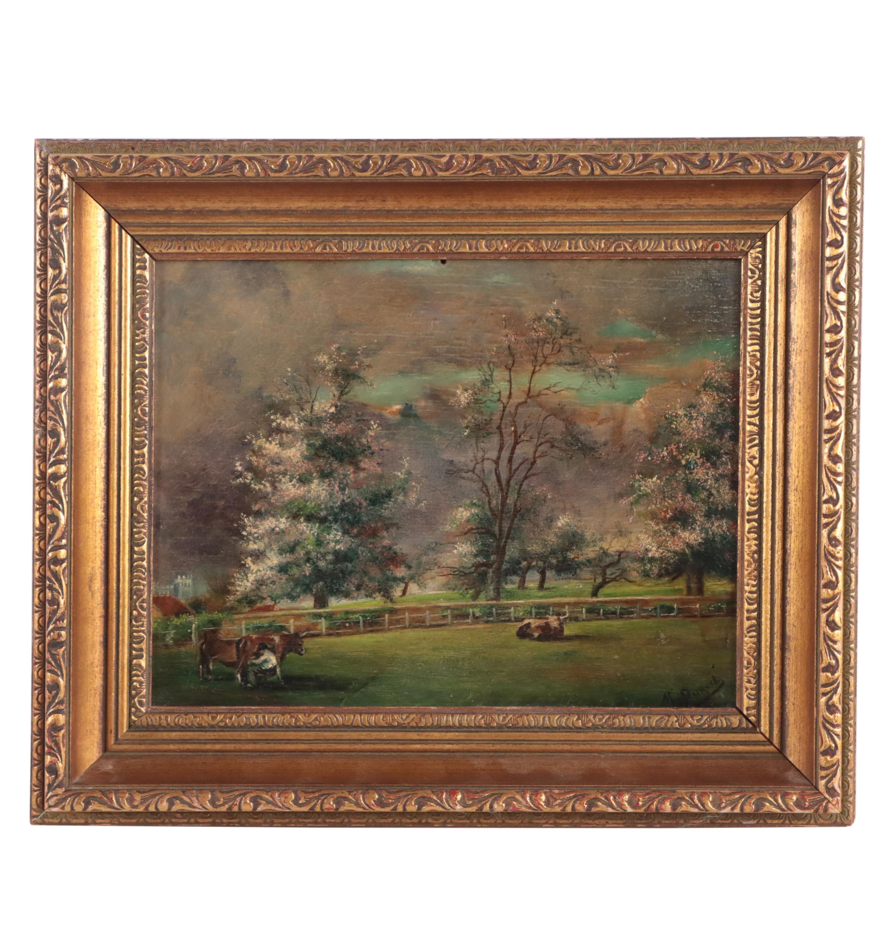 M. Durant Oil Painting of Grazing Cattle and Stormy Skies, Early 20th Century