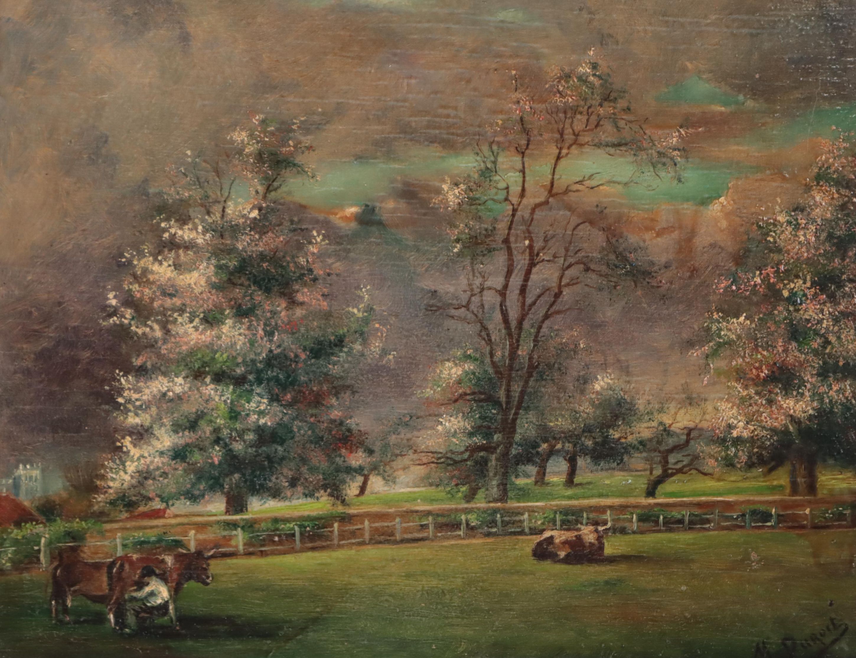 M. Durant Oil Painting of Grazing Cattle and Stormy Skies, Early 20th Century