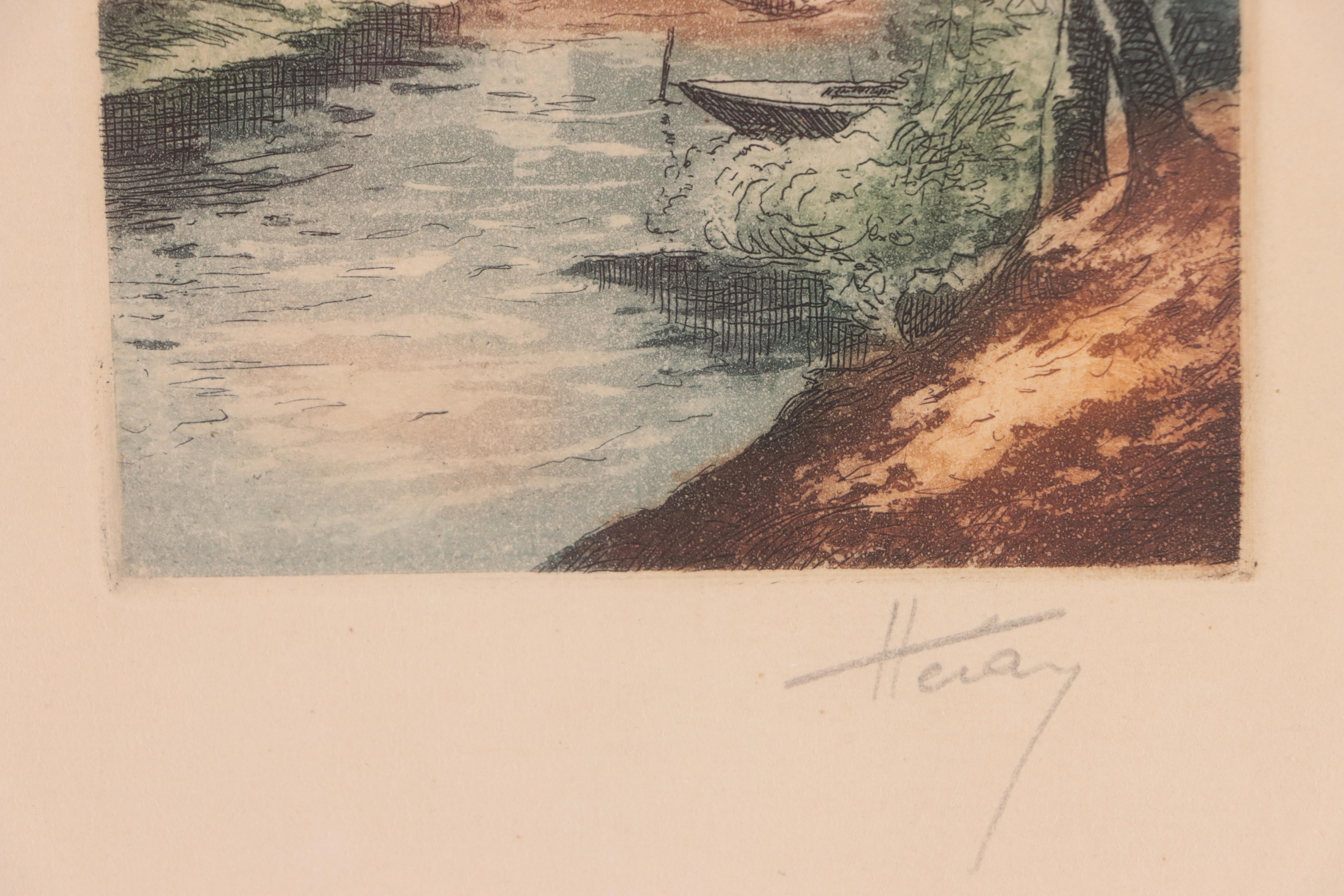 Village River Scene Etching With Aquatint