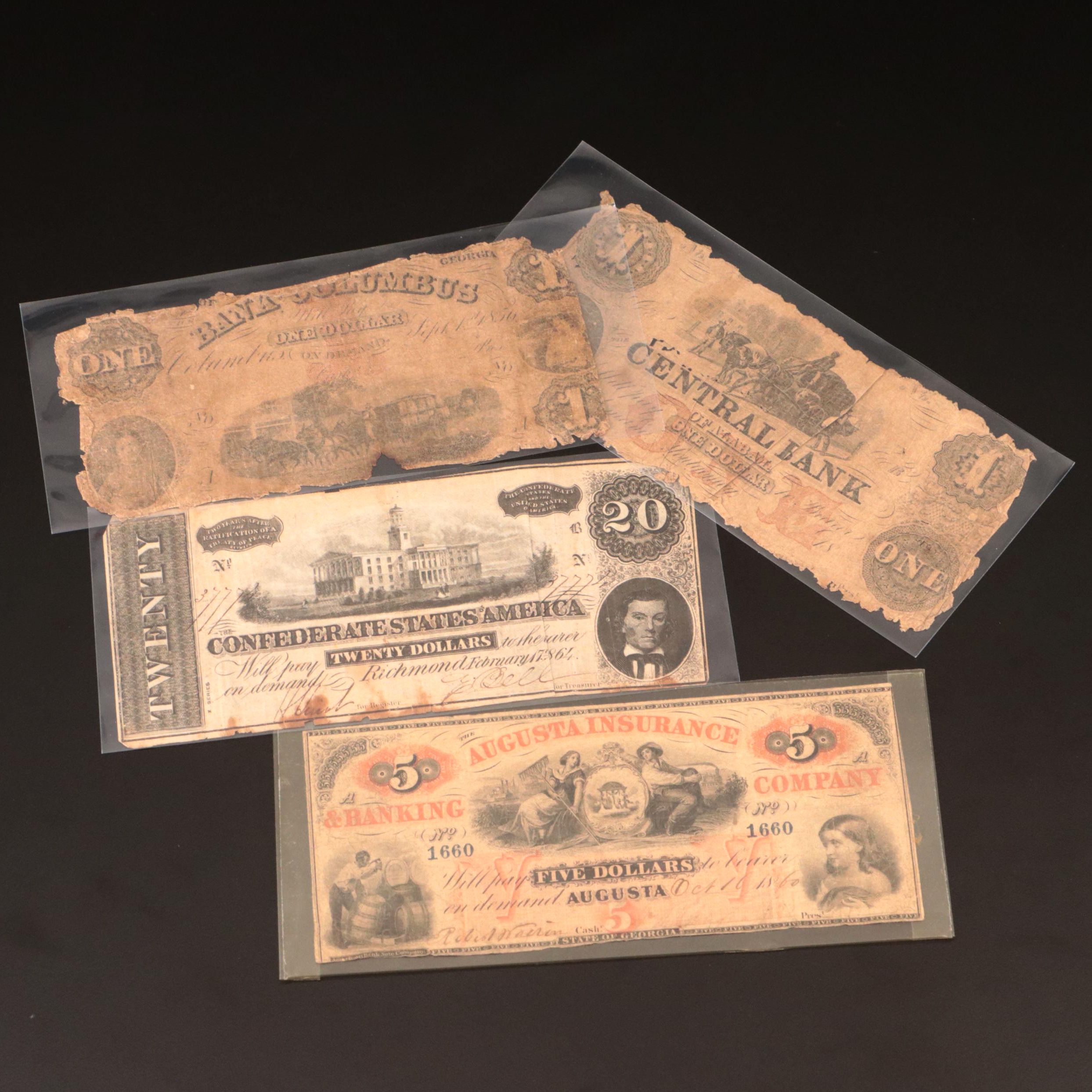 Group of Four Confederate and Obsolete Bank Notes