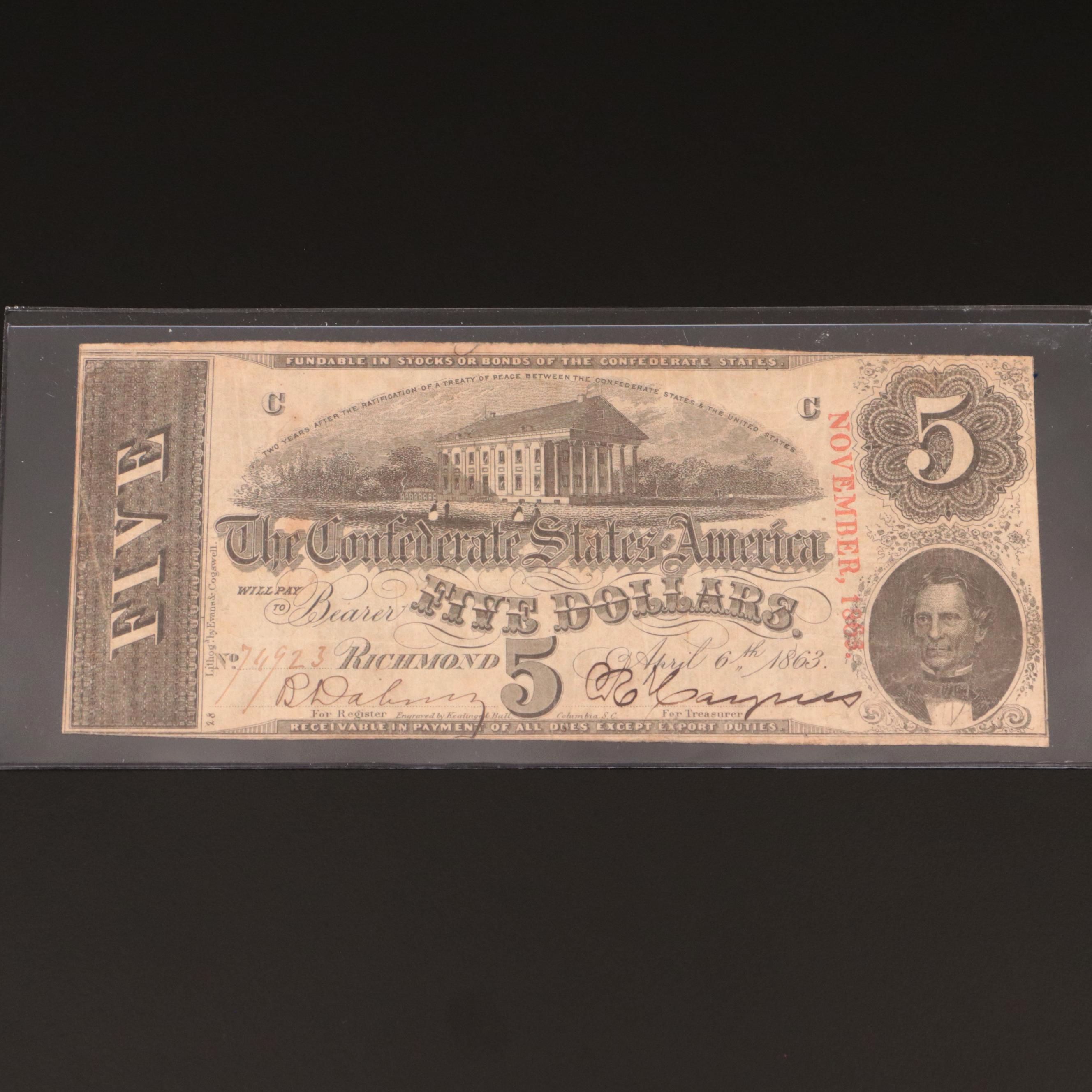 1863 Confederate States of America (CSA) $5 Banknote