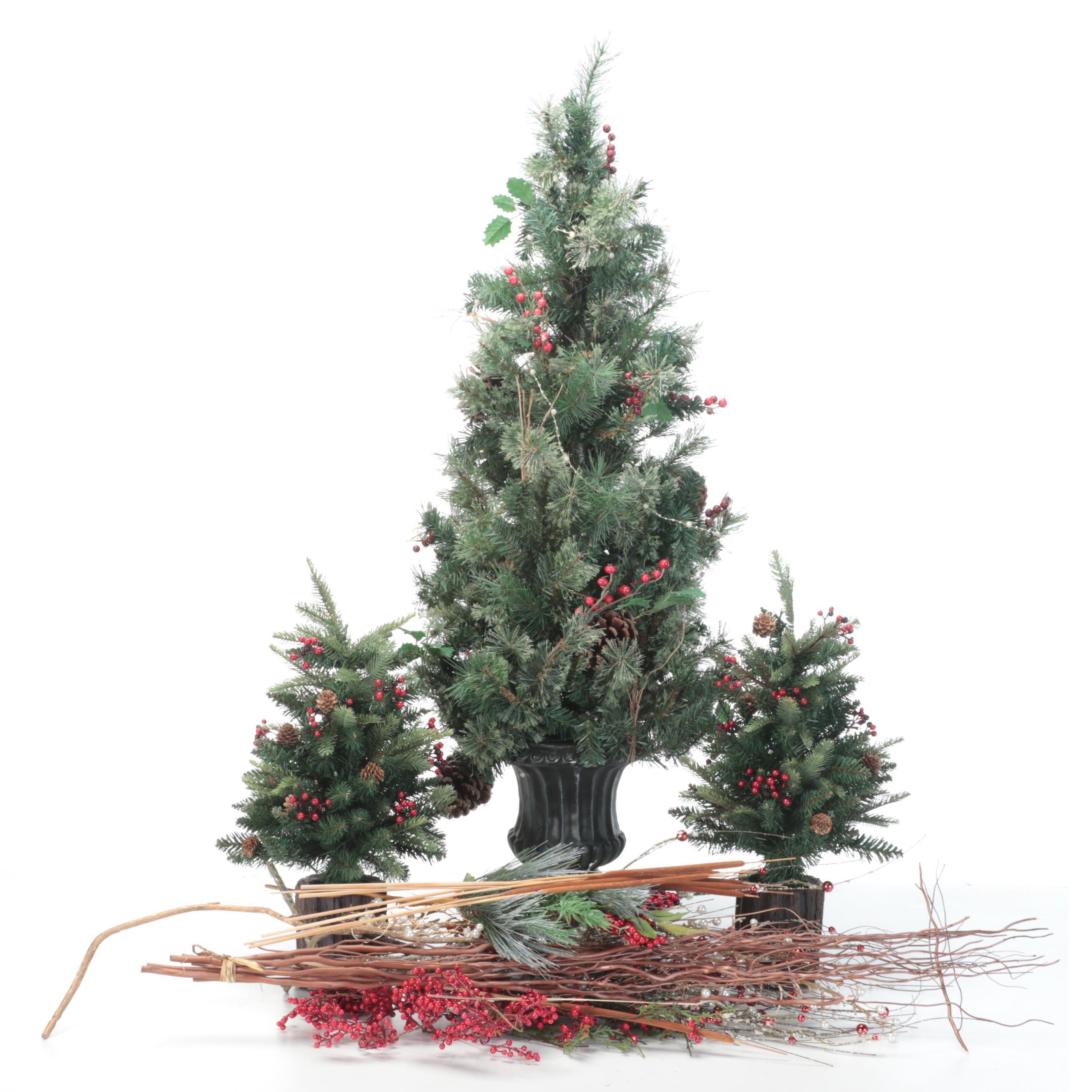 Illuminated Faux Trees and Other Faux Berries, Cattails, and More