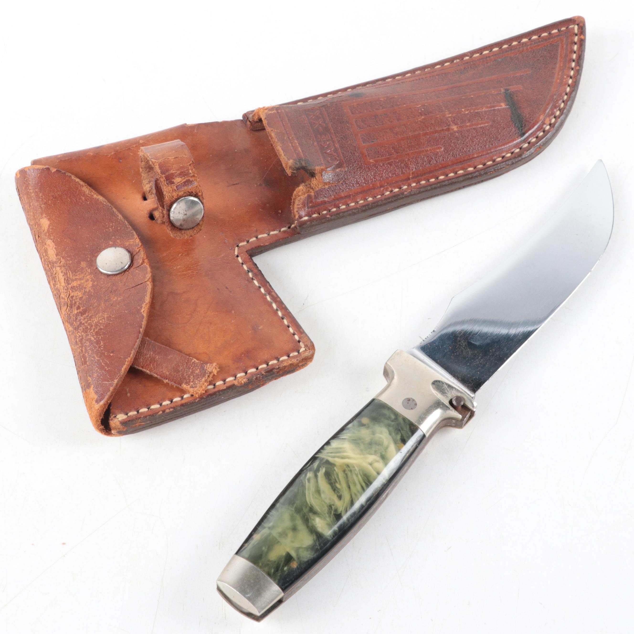 Case Green Acrylic Handled Fixed Blade Knife with Leather Scabbard