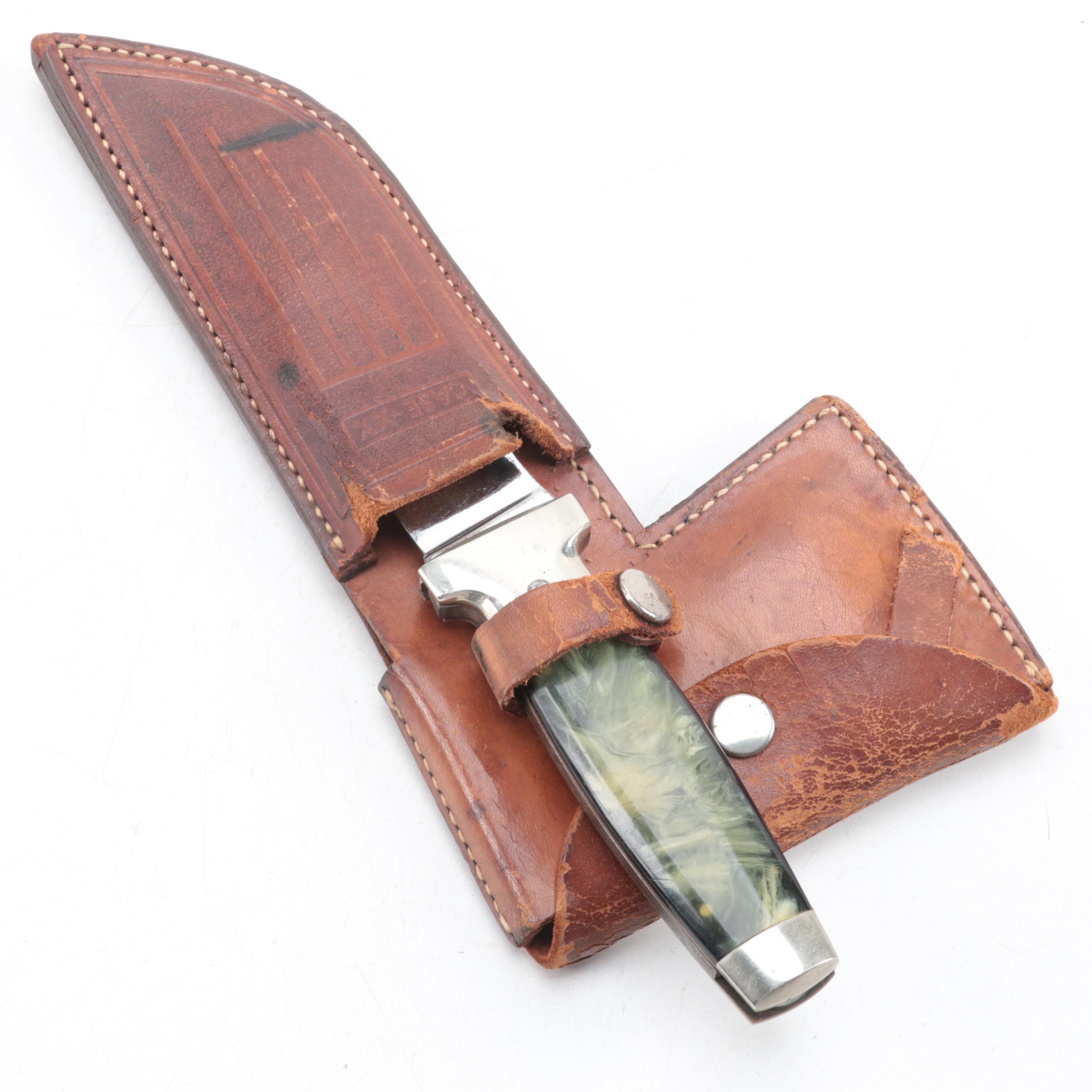 Case Green Acrylic Handled Fixed Blade Knife with Leather Scabbard
