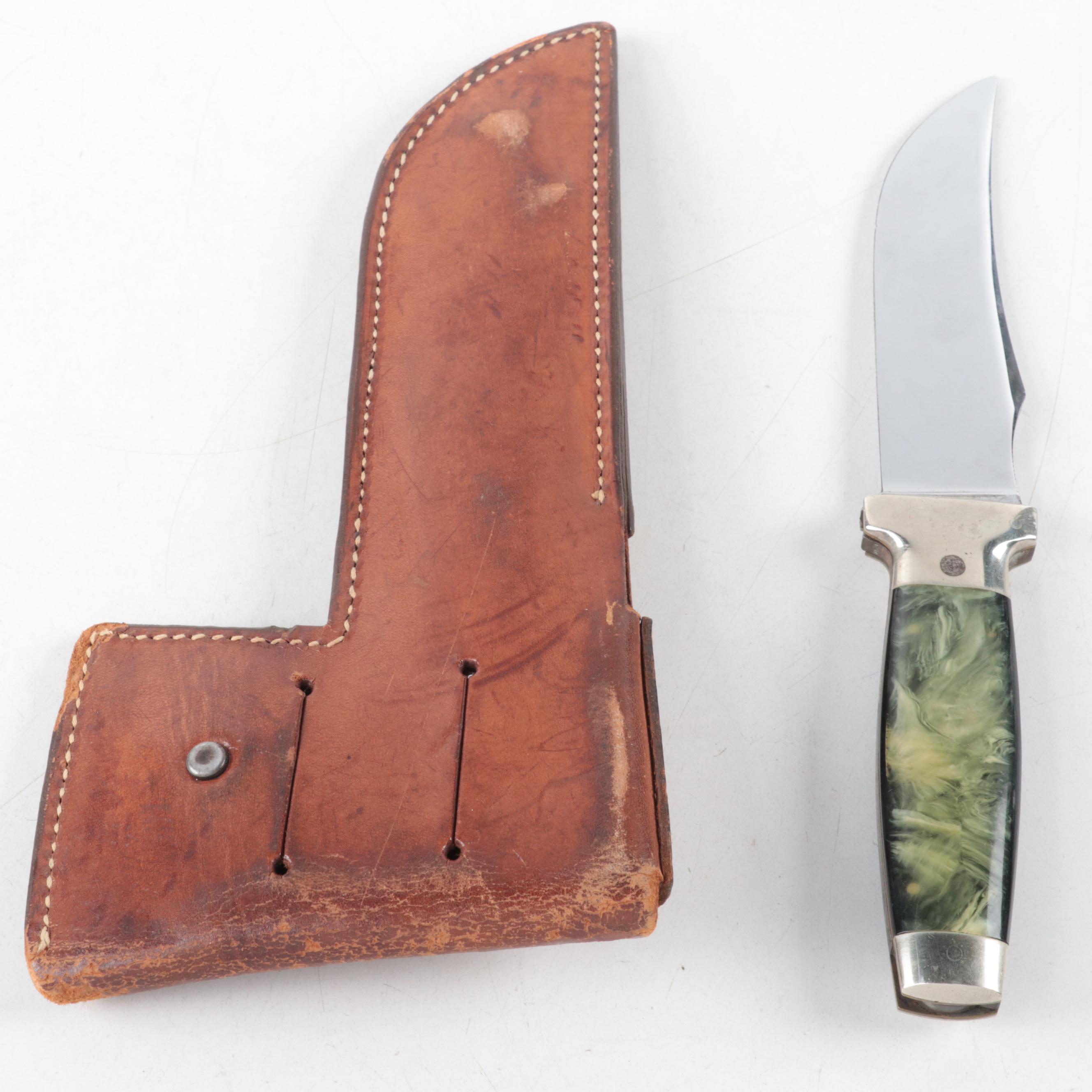 Case Green Acrylic Handled Fixed Blade Knife with Leather Scabbard