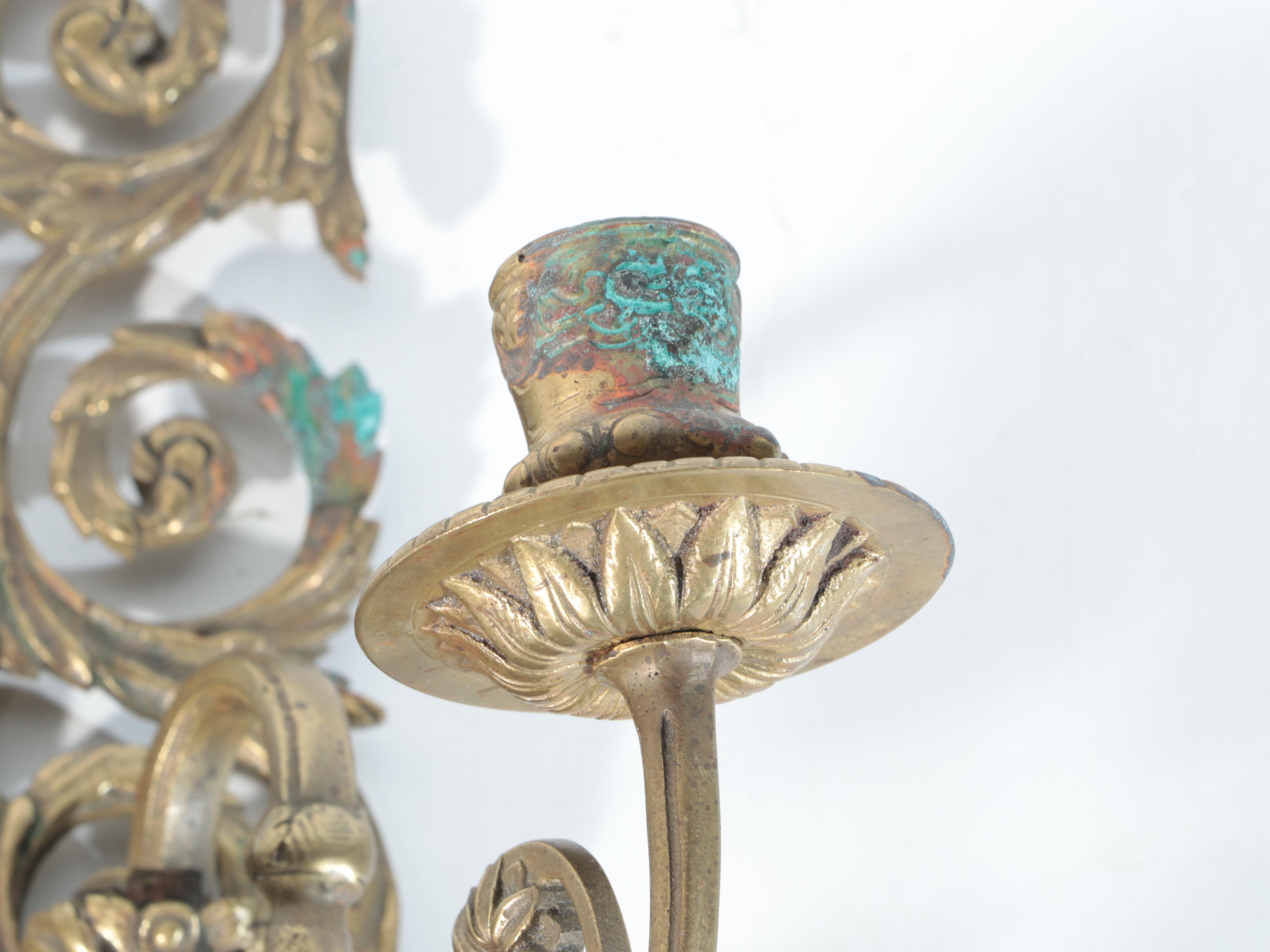 French Rococo Style Brass Wall Mirror with Five Candle Arms, Antique