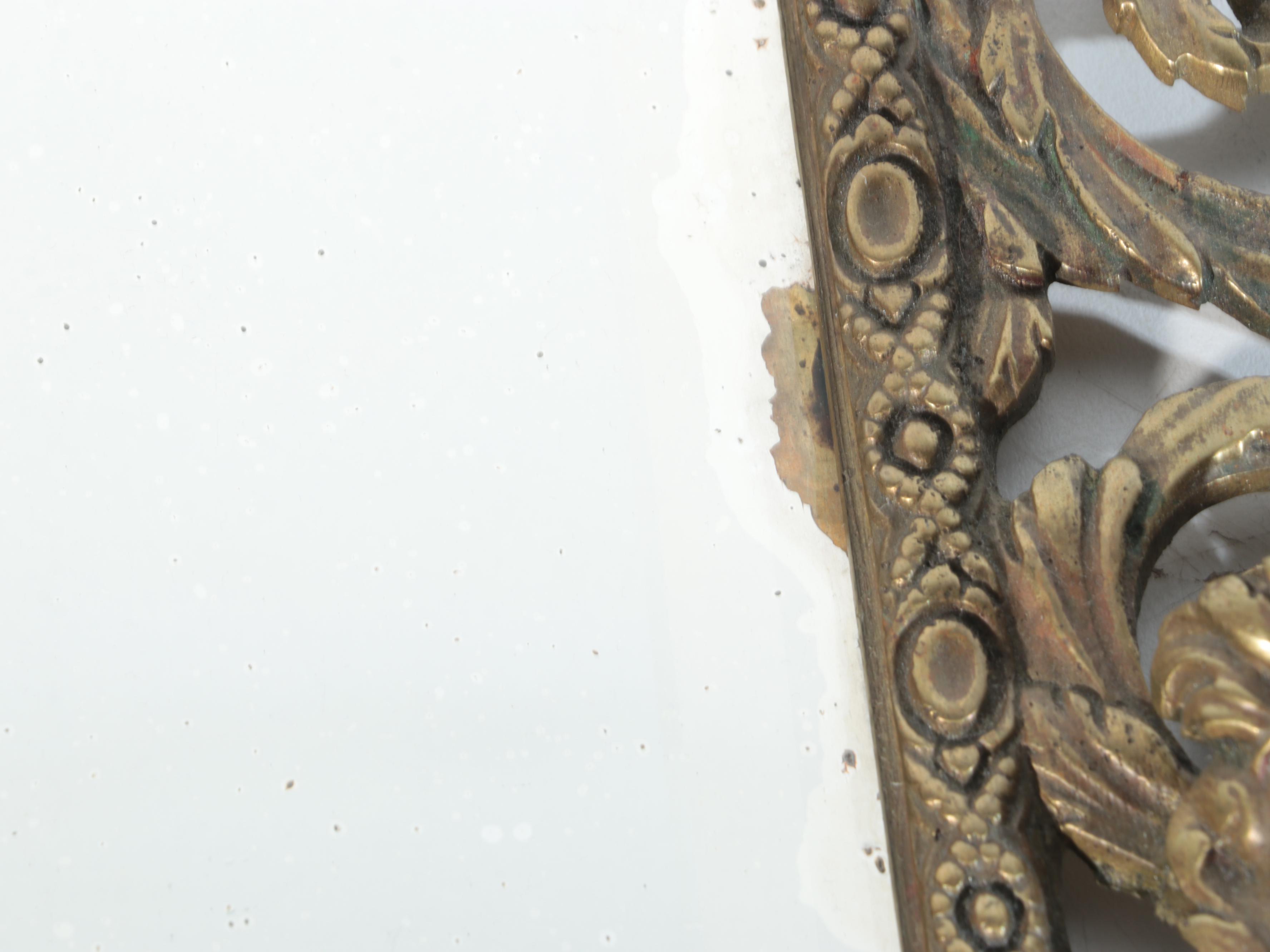 French Rococo Style Brass Wall Mirror with Five Candle Arms, Antique