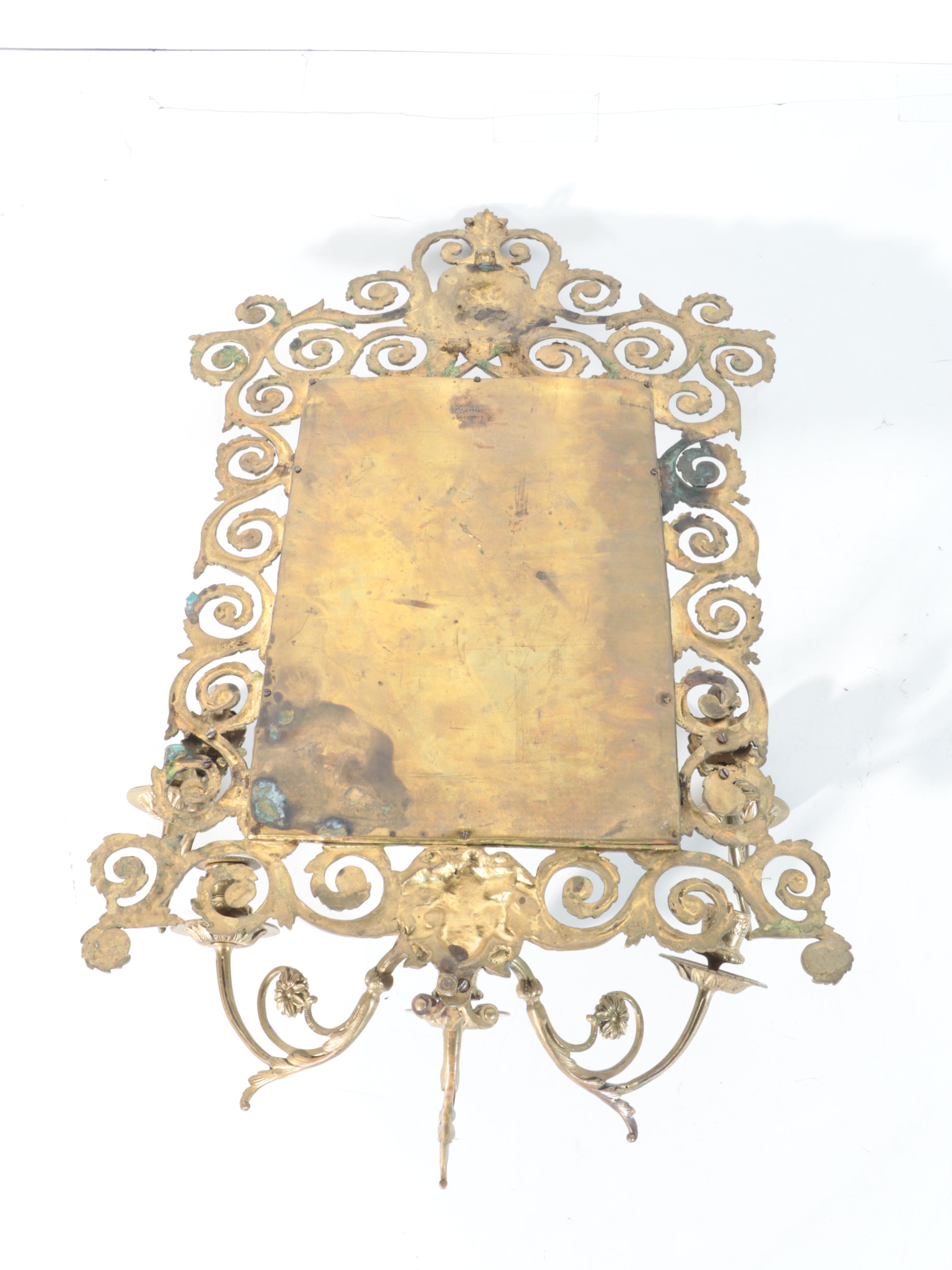 French Rococo Style Brass Wall Mirror with Five Candle Arms, Antique