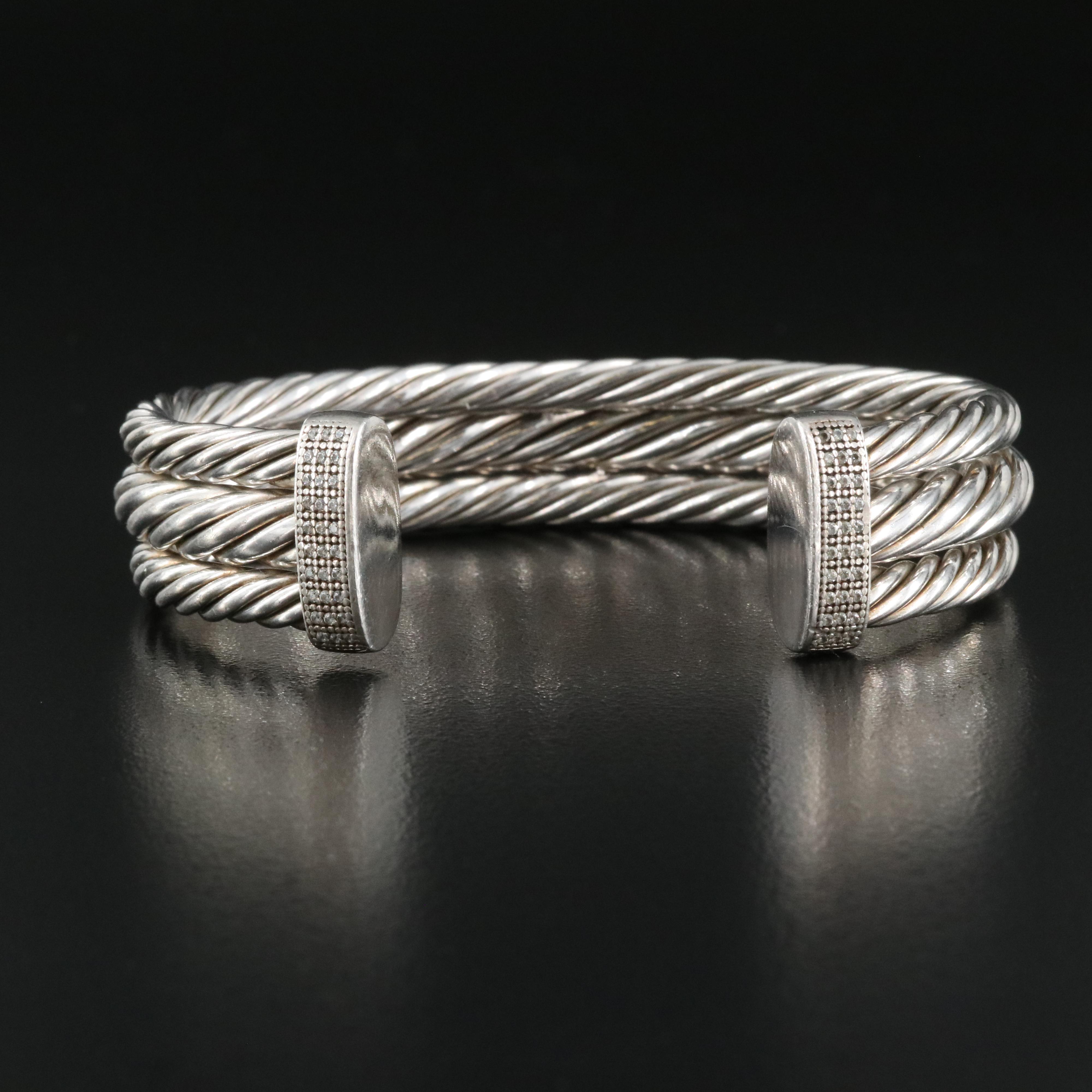 Italian Sterling Cubic Zirconia Triple-Row Cable Cuff