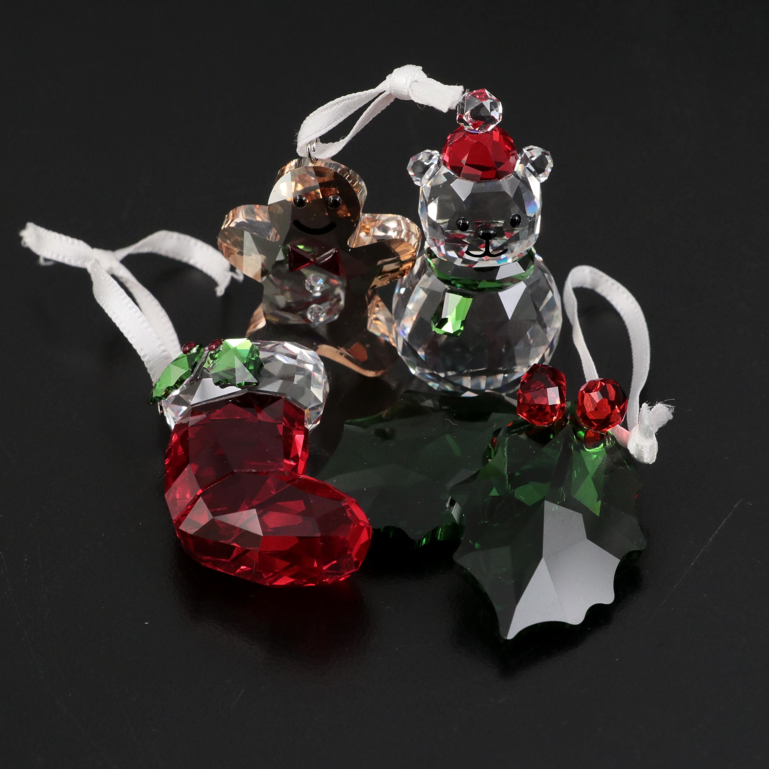 Swarovski Bear, Gingerbread Man, Stocking, and Holly Crystal Ornaments