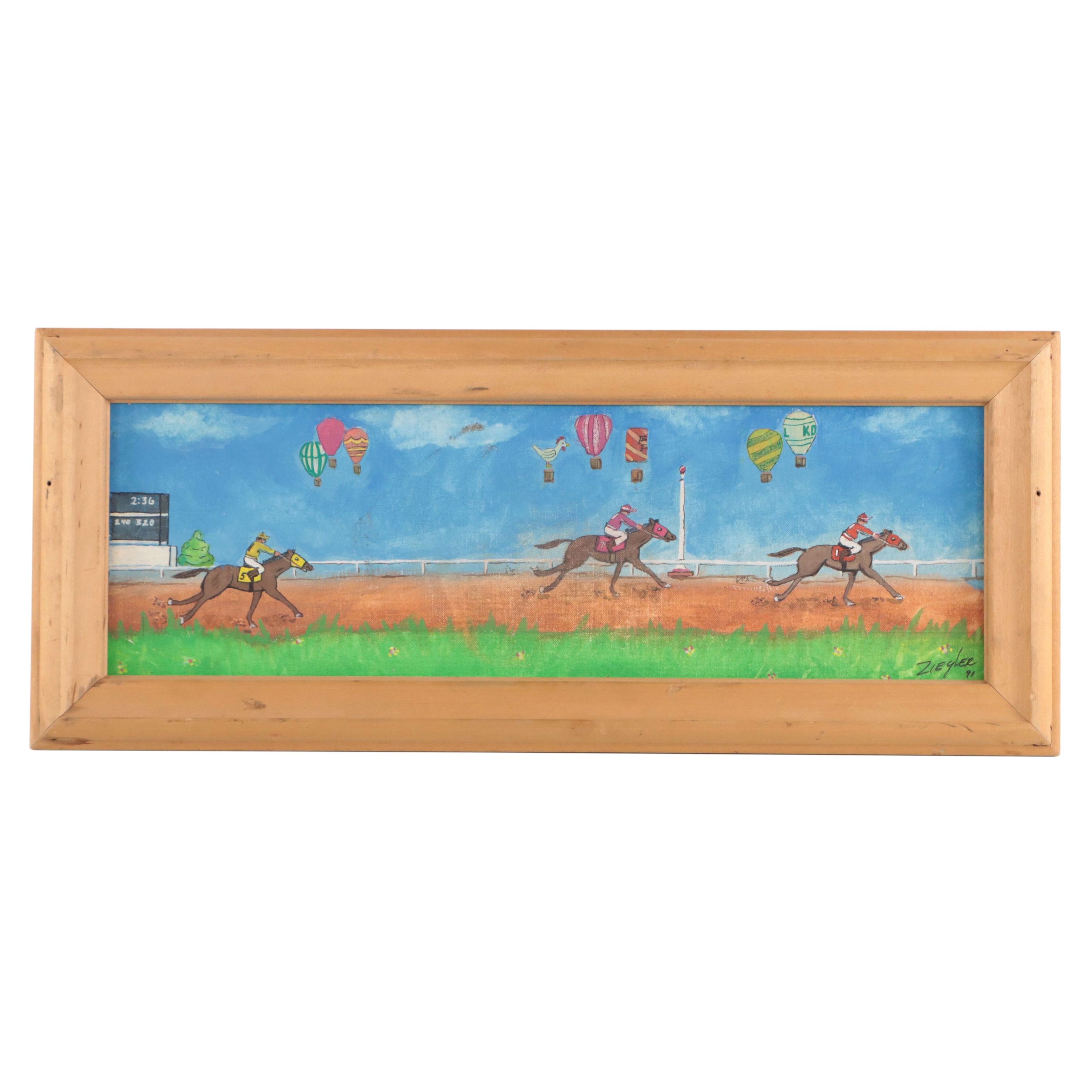 Ziegler Acrylic Painting of Horse Race, 1991