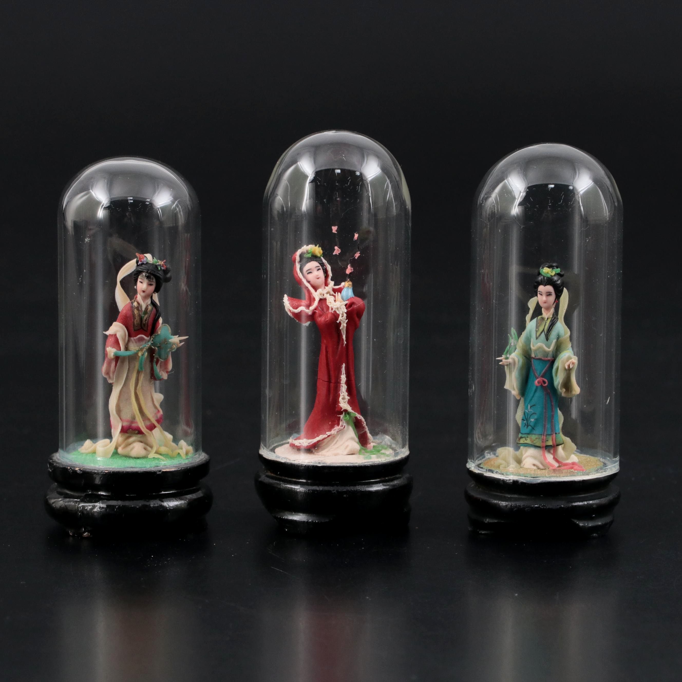 Chinese Clay Figurines in Glass Cloches