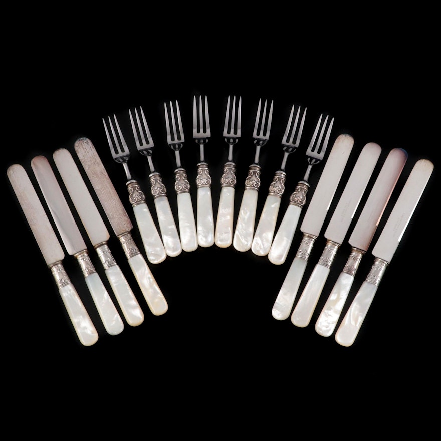 Mother-of-Pearl Handled Dessert Set with Sterling Collars, 20th Century