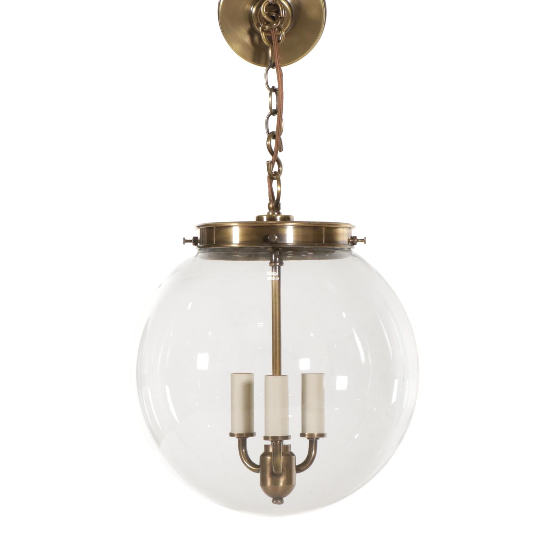 Hector Finch Antiqued Brass and Blown Glass Globe Three-Light Pendant
