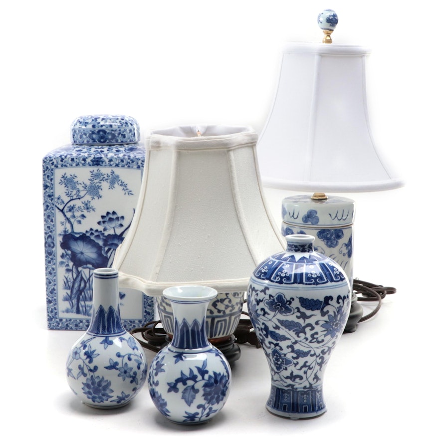 Chelsea House, Wildwood, More Blue and White Porcelain Lamps, Vases, Tea Caddy