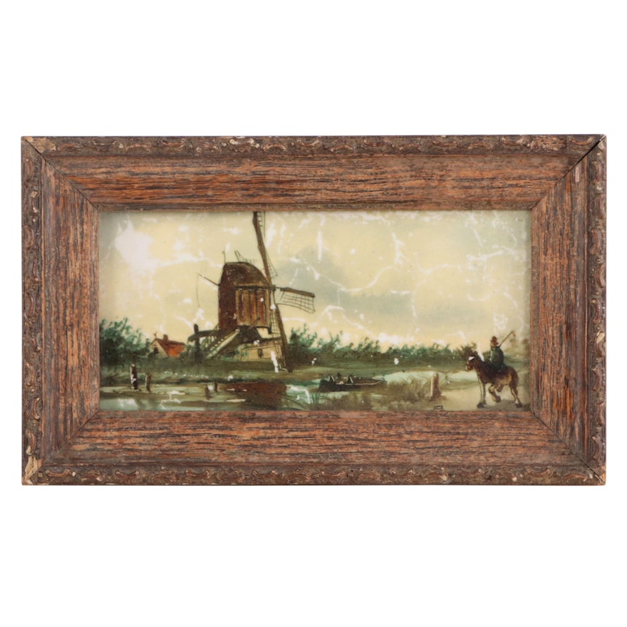 Hand-Painted Ceramic Tile of Landscape with Windmill