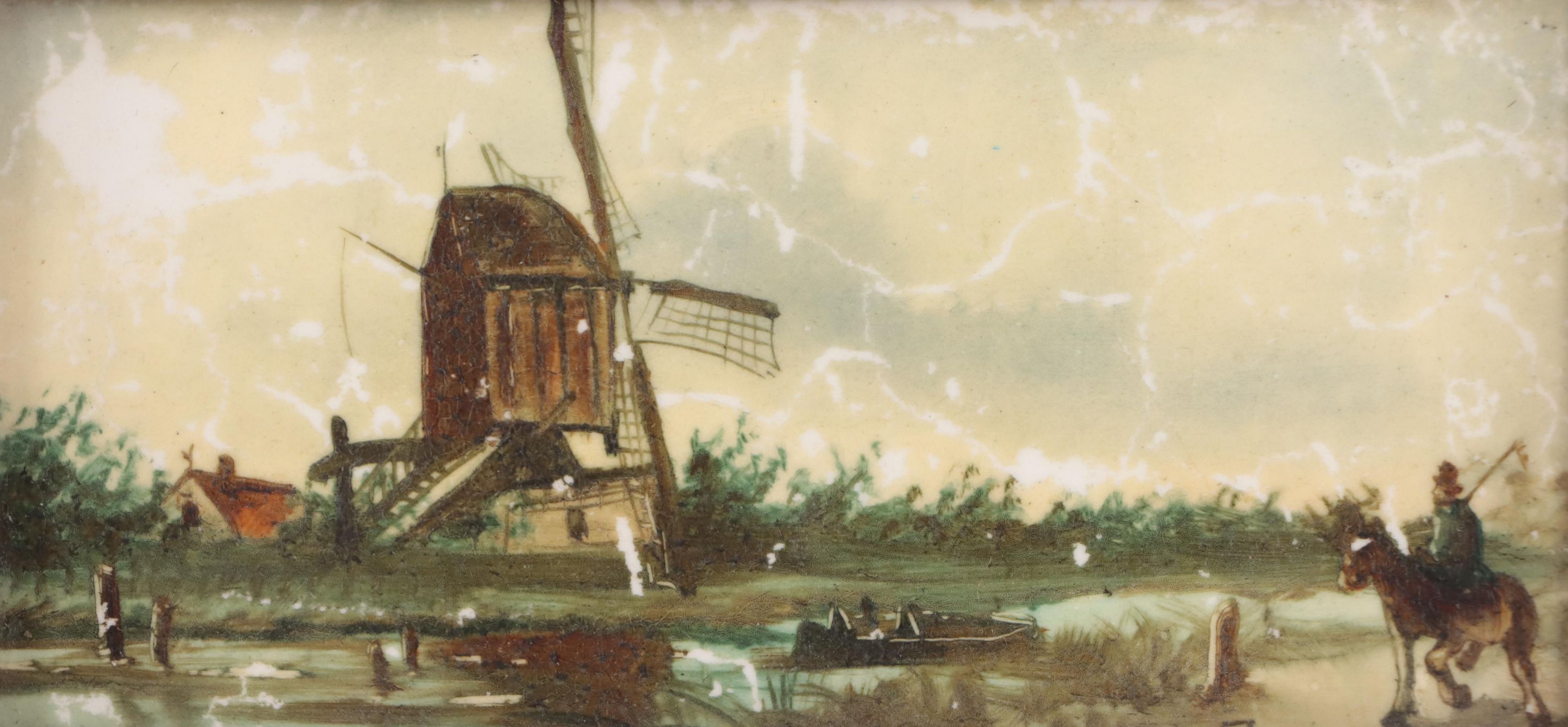 Hand-Painted Ceramic Tile of Landscape with Windmill
