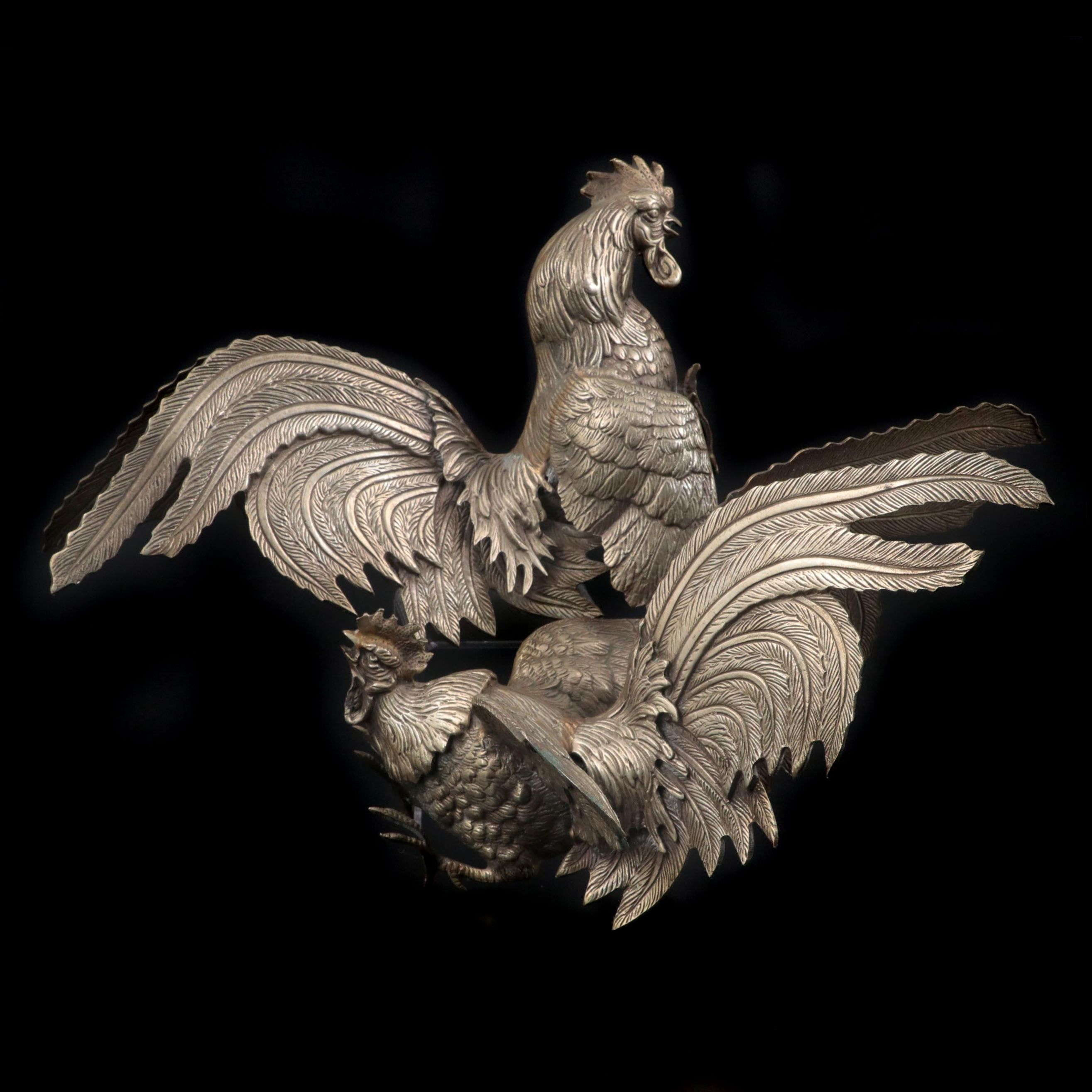 Victorian Style Metal Fighting Rooster Figurines, 20th Century