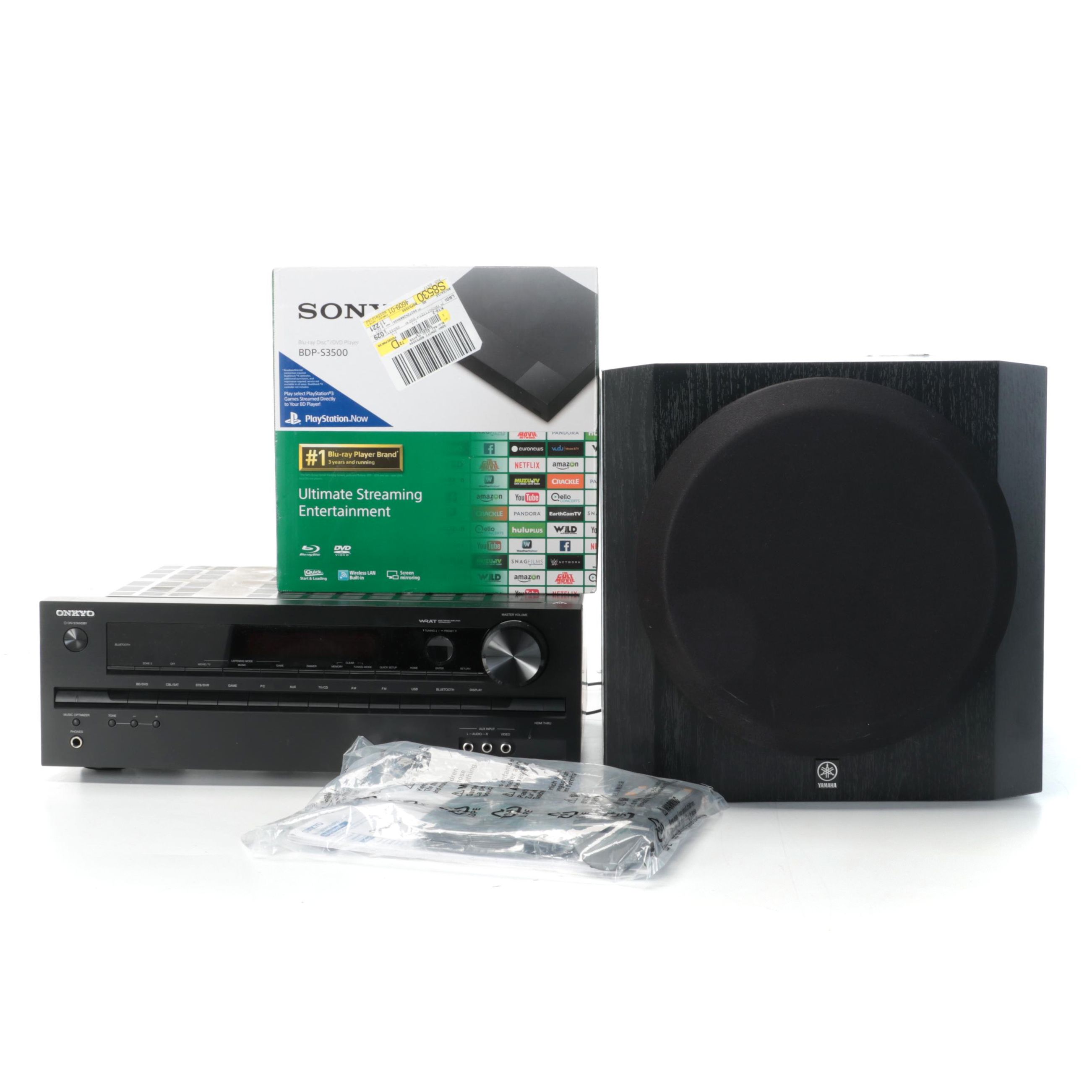 Onkyo AV Receiver and Remote, Yamaha Subwoofer, Sony Blu-Ray DVD Player