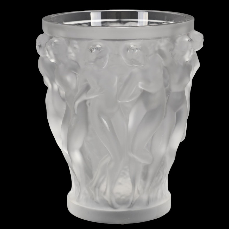Lalique "Bacchantes" Frosted Crystal Flower Vase, Late 20th Century