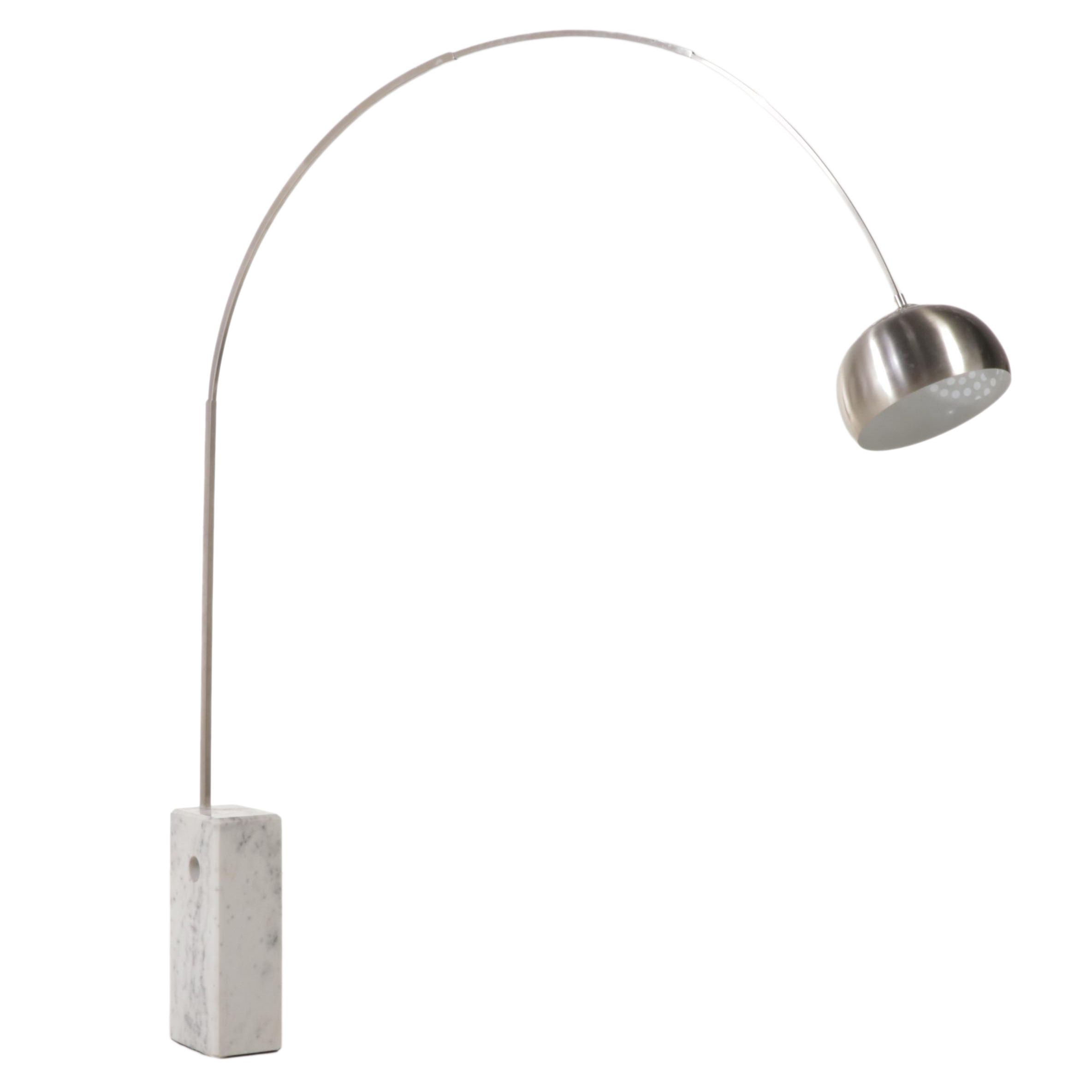 Modern Arc Chromed Metal and Marble Base Floor Lamp