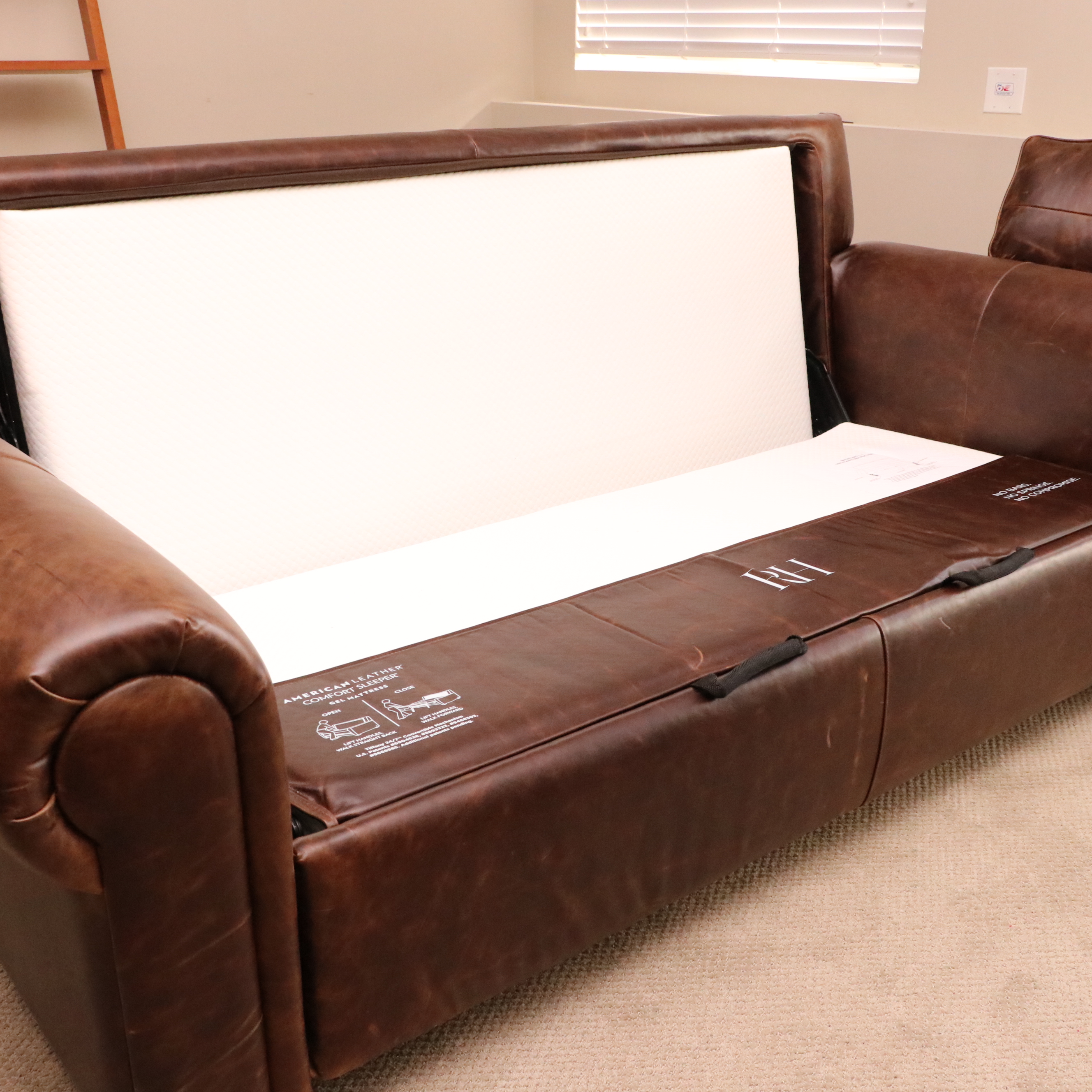 Restoration Hardware "Lancaster" Leather Sleeper Sofa and Ottoman
